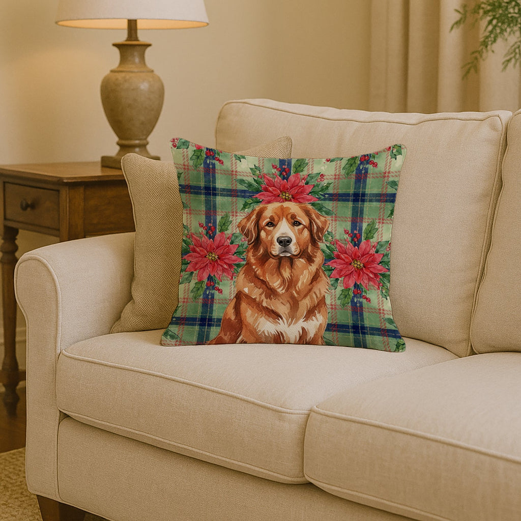 Reddish Brown Great Pyrenees Christmas PoinsettIas Decorative Throw Pillow 14x14 Indoor Outdoor Accent Cushion, Fabric Cover with Insert for Sofa, Bed, Porch & Living Room