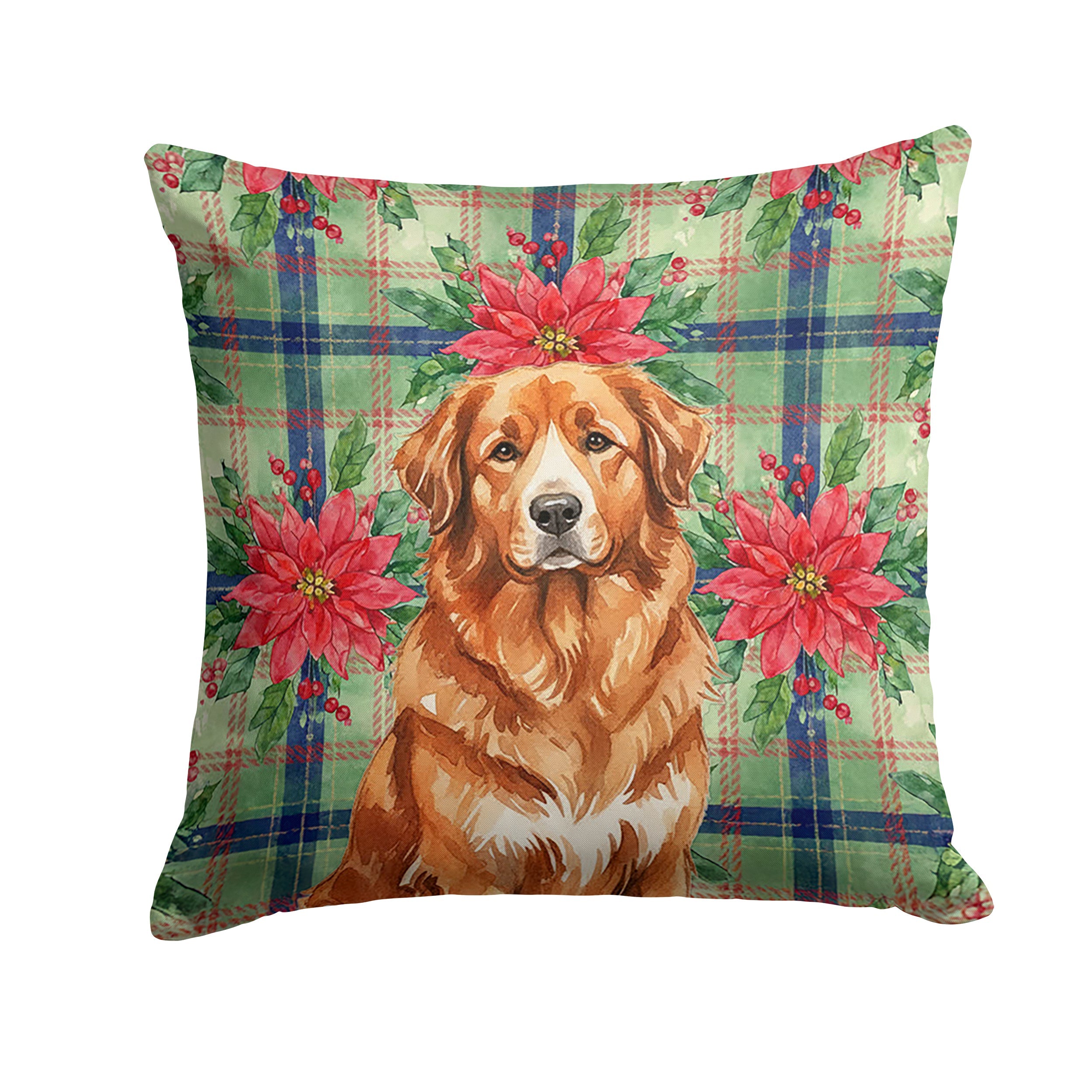 Reddish Brown Great Pyrenees Christmas PoinsettIas Decorative Throw Pillow 18x18 Indoor Outdoor Accent Cushion, Fabric Cover with Insert for Sofa, Bed, Porch & Living Room