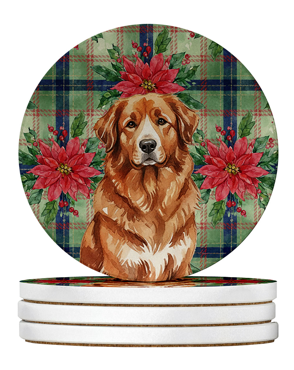 Reddish Brown Great Pyrenees Christmas PoinsettIas Large Sandstone Coasters Pack of 4 Absorbent Round Coasters Decor Gifts for Men or Women, 4 in, Multicolor