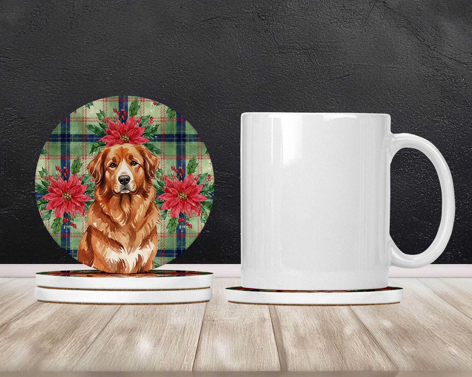 Reddish Brown Great Pyrenees Christmas PoinsettIas Large Sandstone Coasters Pack of 4 Absorbent Round Coasters Decor Gifts for Men or Women, 4 in, Multicolor