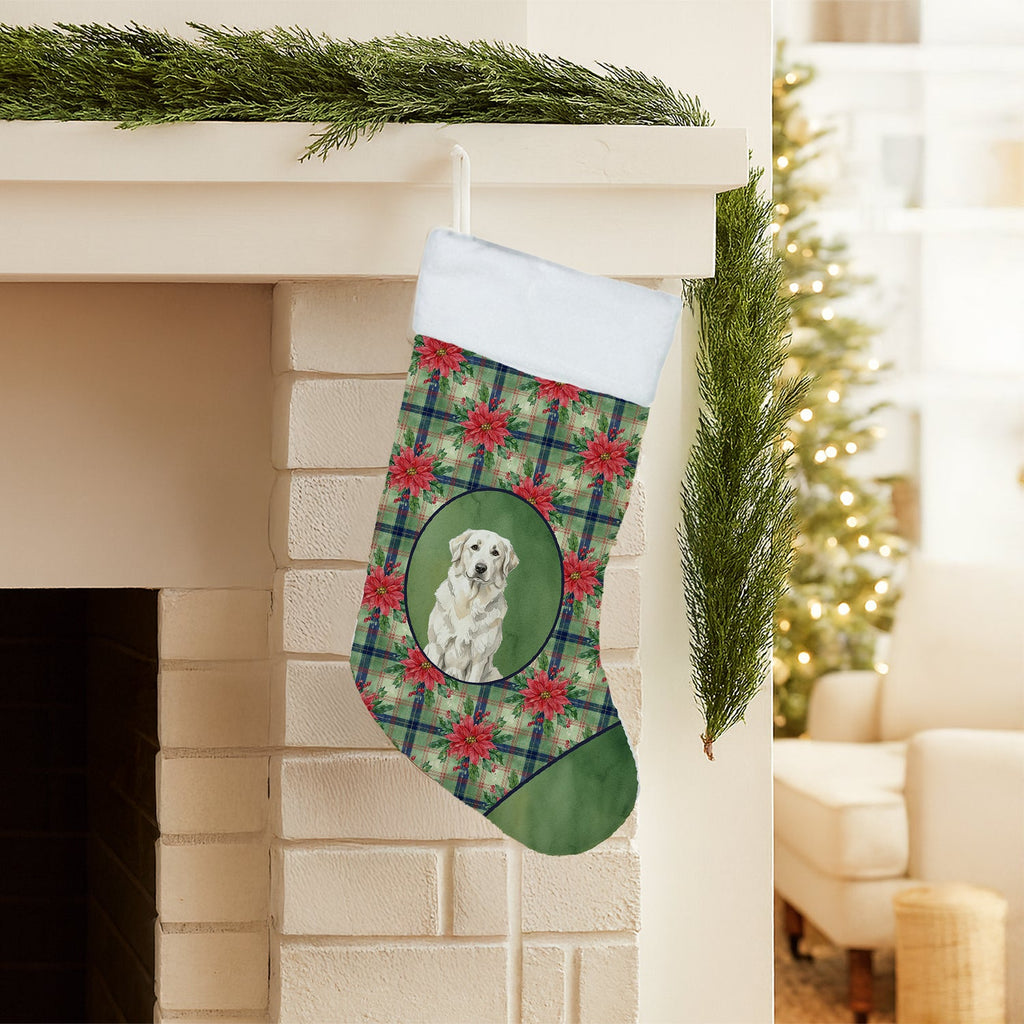 White Great Pyrenees Christmas PoinsettIas Holiday Stocking Double-Sided Print, Polyester Suede,11x18, Made in USA