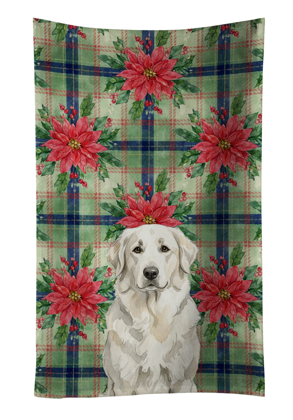 White Great Pyrenees Christmas PoinsettIas Kitchen Towel Velour Plush Front and Cotton Loop Back Machine Washable