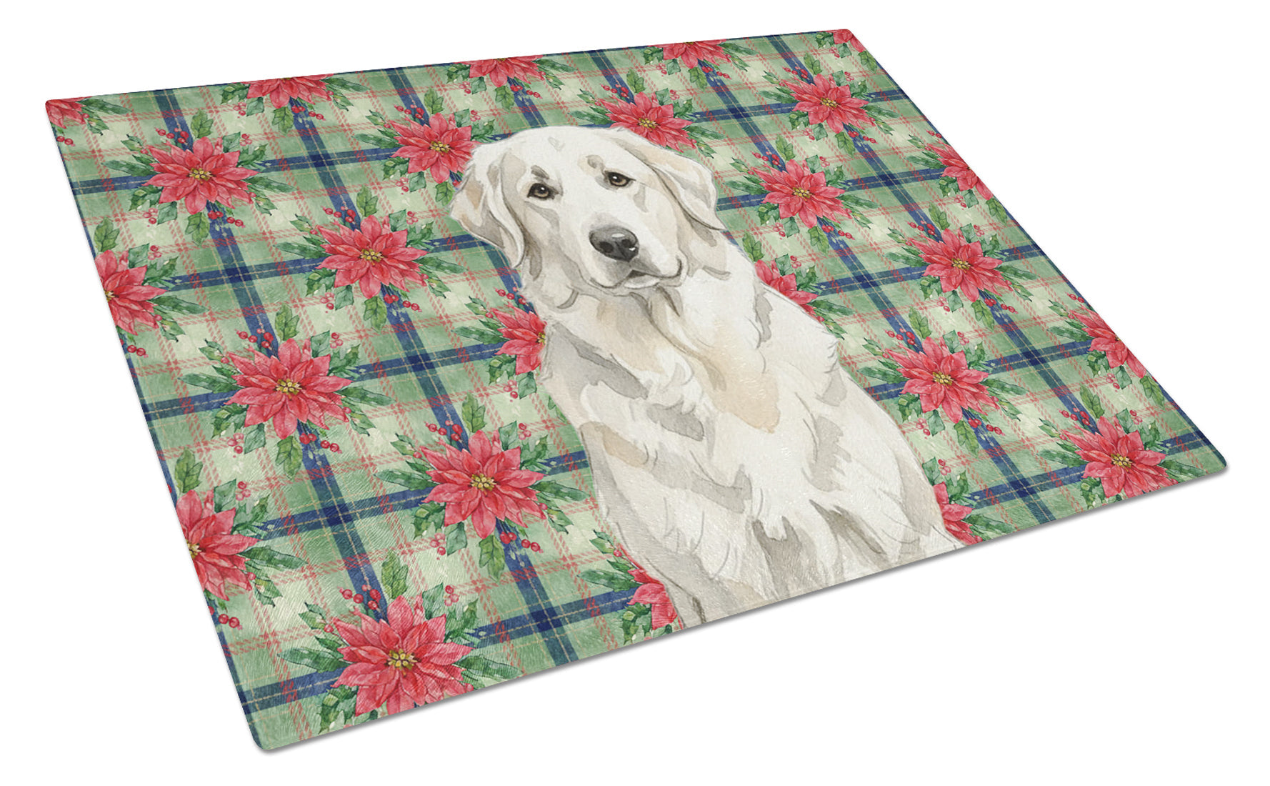 White Great Pyrenees Christmas PoinsettIas Cutting Board Tempered Glass Kitchen Cutting Surface, Heat Resistant Chopping, Non-Slip Feet, Food Prep & Serving