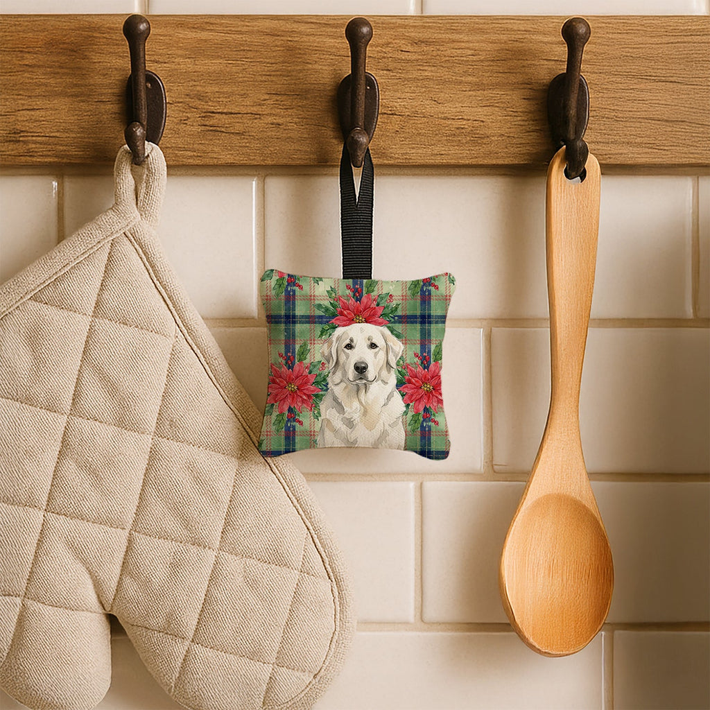 White Great Pyrenees Christmas PoinsettIas Hanging Square Fabric Ornament 3.5 � 3.5 Decorative Door-Knob & Tree Hanger, Soft Fabric