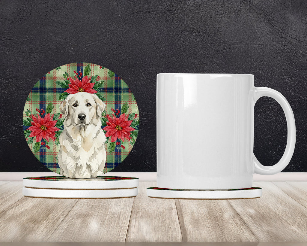 White Great Pyrenees Christmas PoinsettIas Large Sandstone Coasters Pack of 4 Absorbent Round Coasters Decor Gifts for Men or Women, 4 in, Multicolor