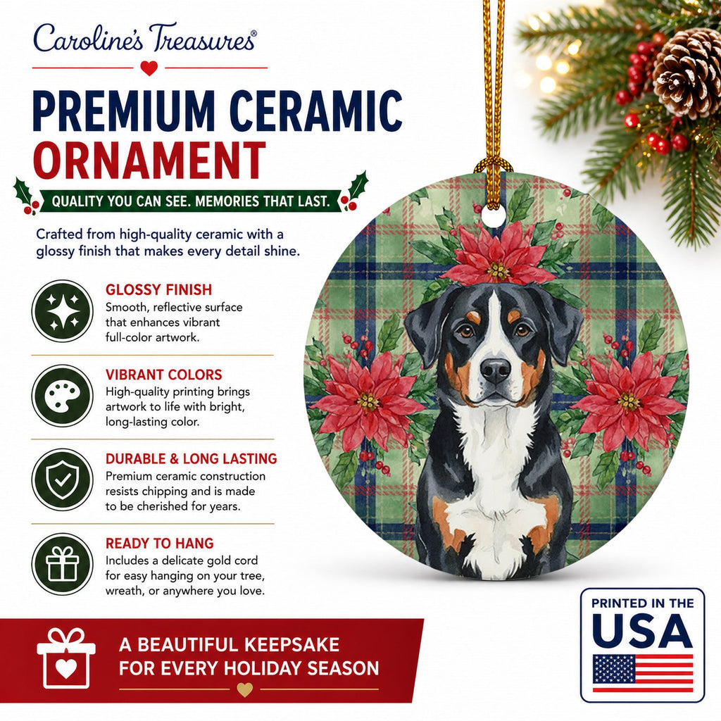 Greater Swiss Mountain Dog Christmas PoinsettIas Ceramic Ornament Christmas Tree Hanging Decorations for Home Christmas Holiday, Party, Gift, 3 in, Multicolor