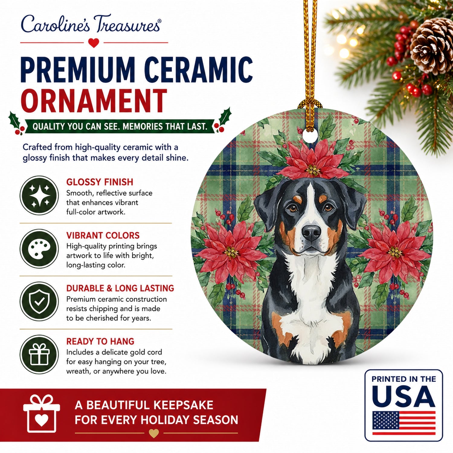 Greater Swiss Mountain Dog Christmas PoinsettIas Ceramic Ornament Christmas Tree Hanging Decorations for Home Christmas Holiday, Party, Gift, 3 in, Multicolor