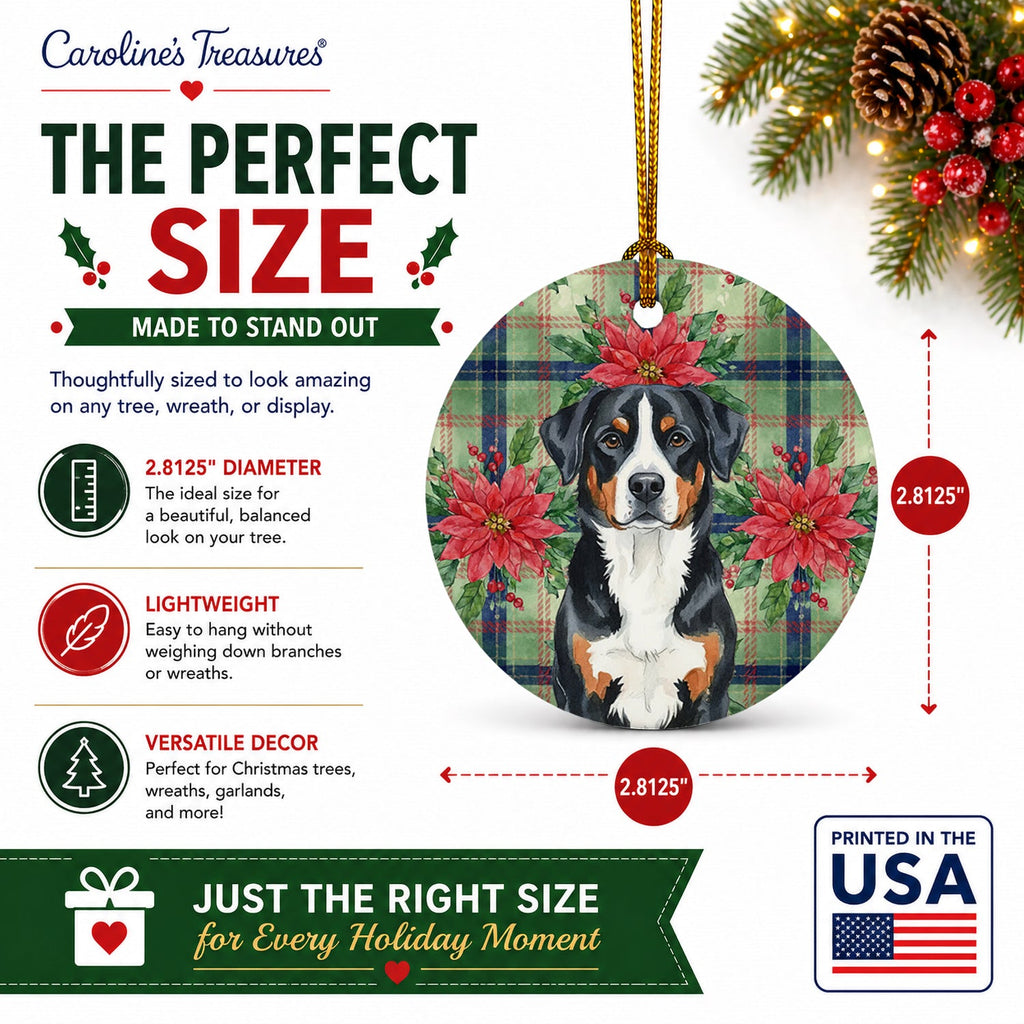 Greater Swiss Mountain Dog Christmas PoinsettIas Ceramic Ornament Christmas Tree Hanging Decorations for Home Christmas Holiday, Party, Gift, 3 in, Multicolor