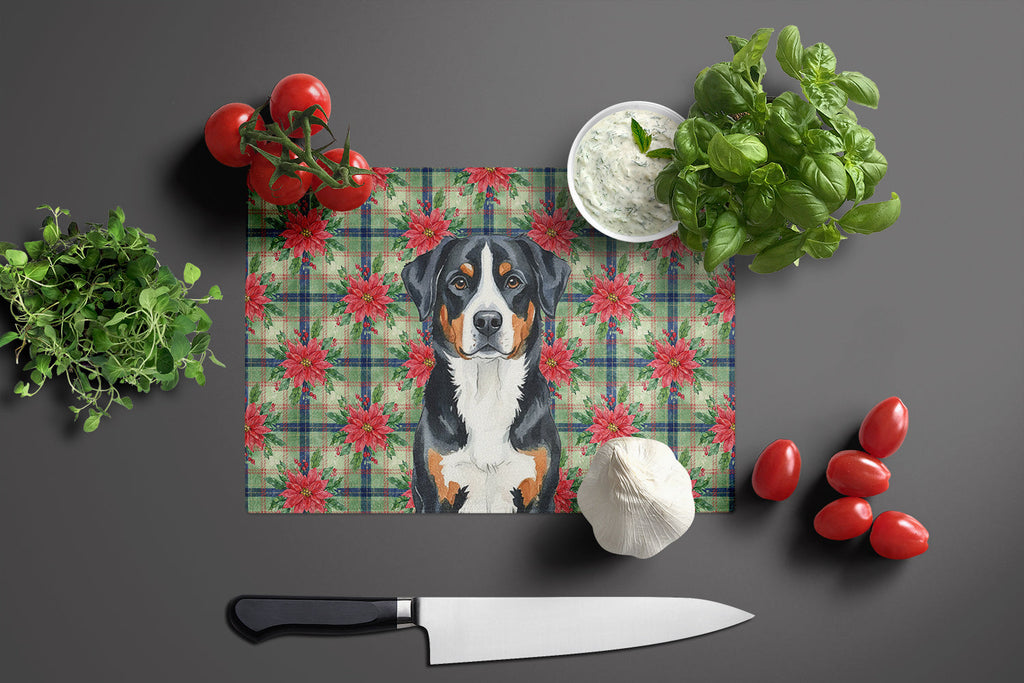 Greater Swiss Mountain Dog Christmas PoinsettIas Cutting Board Tempered Glass Kitchen Cutting Surface, Heat Resistant Chopping, Non-Slip Feet, Food Prep & Serving