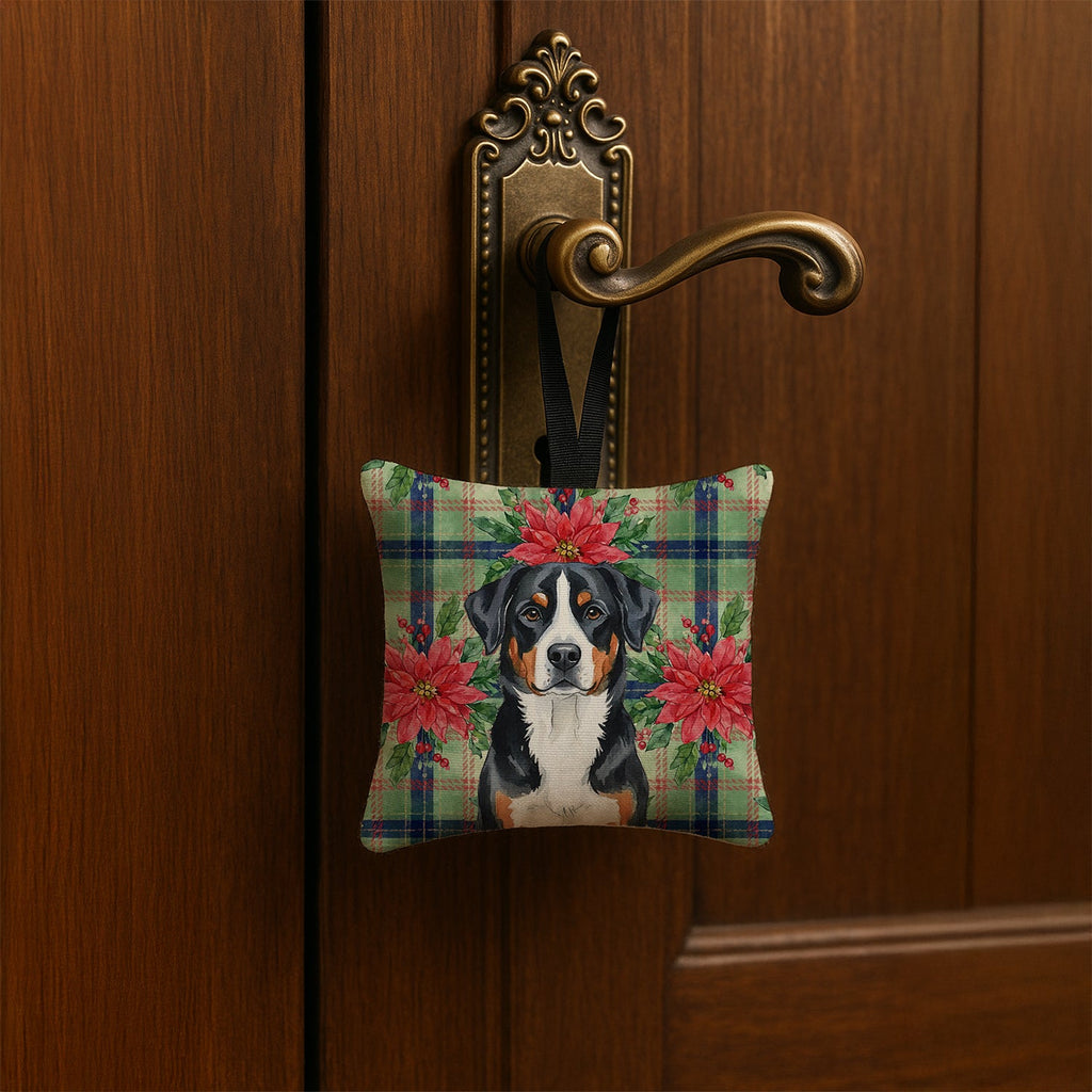Greater Swiss Mountain Dog Christmas PoinsettIas Hanging Square Fabric Ornament 3.5 � 3.5 Decorative Door-Knob & Tree Hanger, Soft Fabric