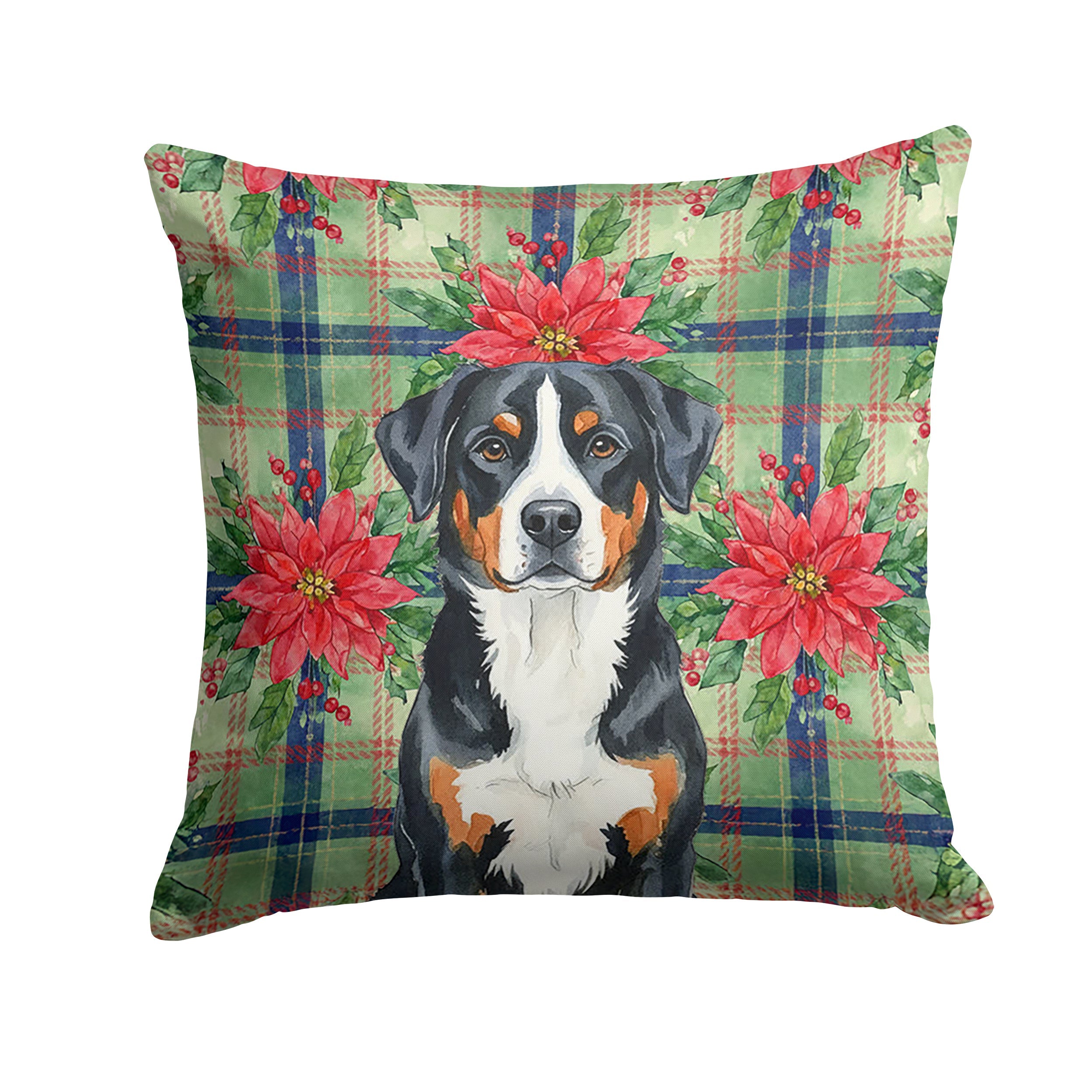 Greater Swiss Mountain Dog Christmas PoinsettIas Decorative Throw Pillow 18x18 Indoor Outdoor Accent Cushion, Fabric Cover with Insert for Sofa, Bed, Porch & Living Room