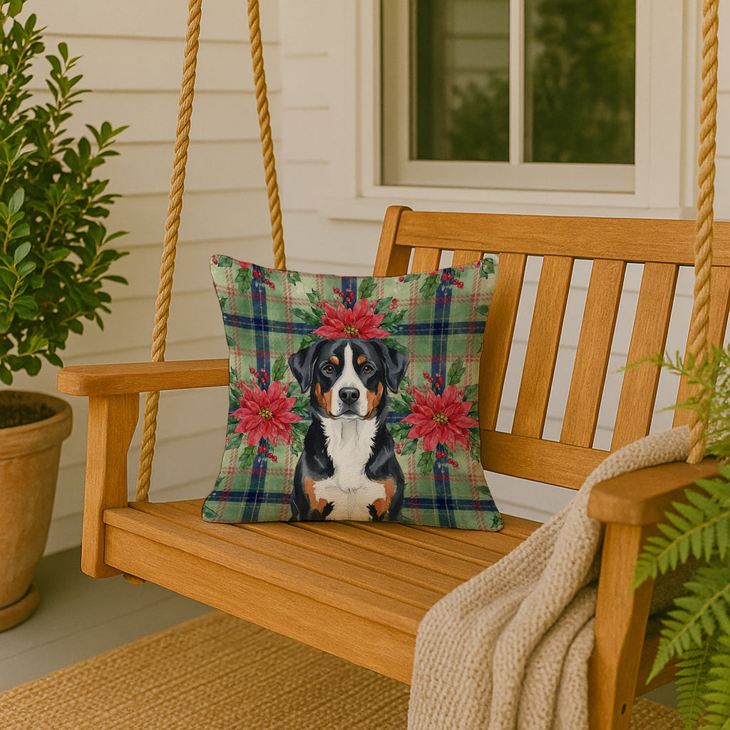 Greater Swiss Mountain Dog Christmas PoinsettIas Decorative Throw Pillow 18x18 Indoor Outdoor Accent Cushion, Fabric Cover with Insert for Sofa, Bed, Porch & Living Room