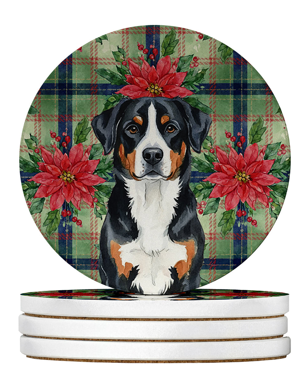 Greater Swiss Mountain Dog Christmas PoinsettIas Large Sandstone Coasters Pack of 4 Absorbent Round Coasters Decor Gifts for Men or Women, 4 in, Multicolor