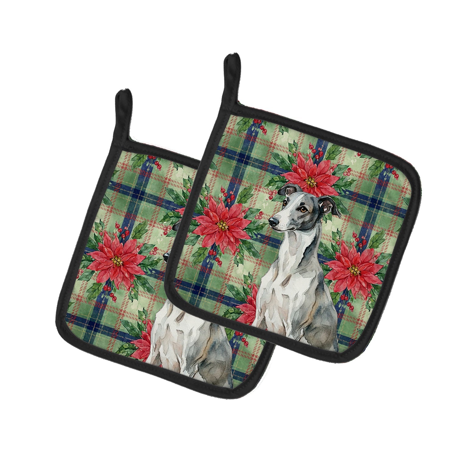 Black and White Greyhound Christmas PoinsettIas Pot Holder Set of 2 Heat Resistant Quilted Hot Pads 7.5 x 7.5 Inch, Insulated Kitchen Trivets for Cooking & Baking
