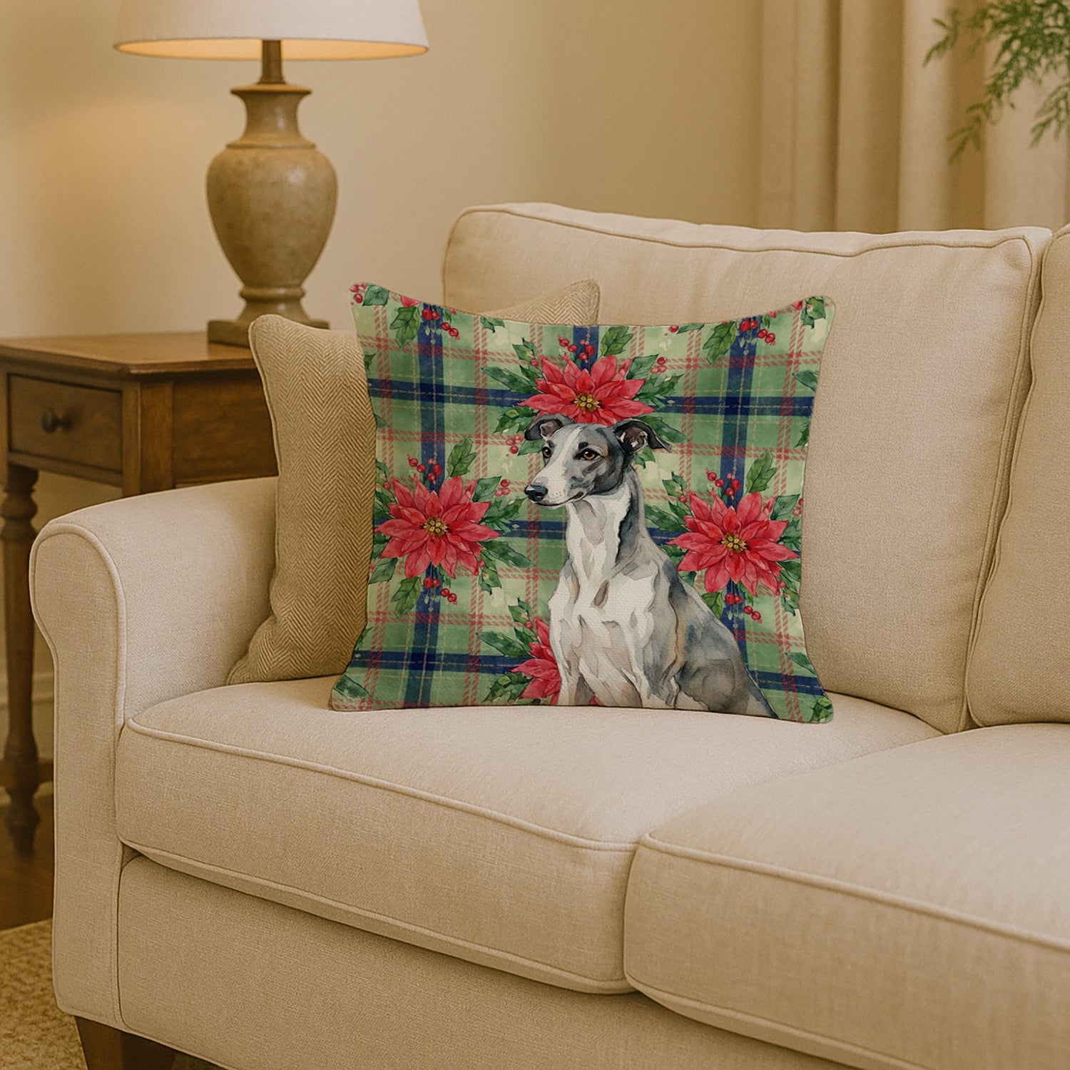 Black and White Greyhound Christmas PoinsettIas Decorative Throw Pillow 14x14 Indoor Outdoor Accent Cushion, Fabric Cover with Insert for Sofa, Bed, Porch & Living Room