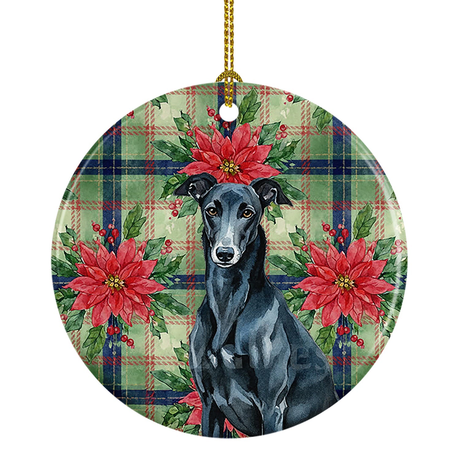 Black Greyhound Christmas PoinsettIas Ceramic Ornament Christmas Tree Hanging Decorations for Home Christmas Holiday, Party, Gift, 3 in, Multicolor