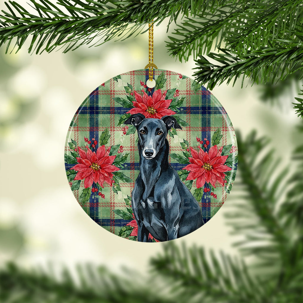 Black Greyhound Christmas PoinsettIas Ceramic Ornament Christmas Tree Hanging Decorations for Home Christmas Holiday, Party, Gift, 3 in, Multicolor
