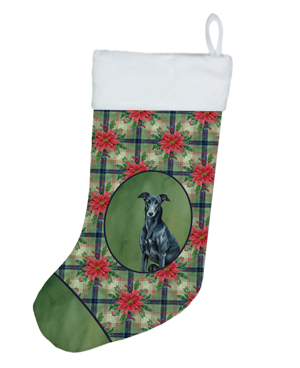 Black Greyhound Christmas PoinsettIas Holiday Stocking Double-Sided Print, Polyester Suede,11x18, Made in USA