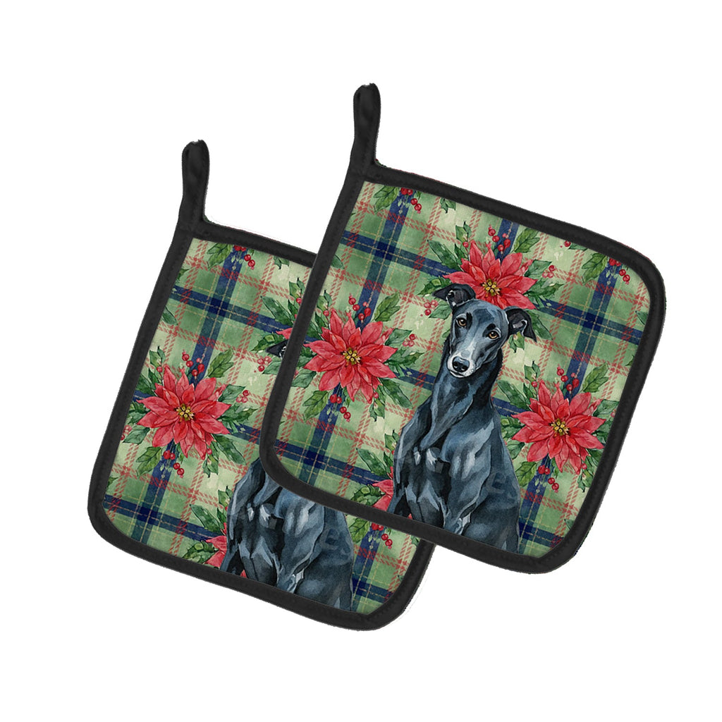 Black Greyhound Christmas PoinsettIas Pot Holder Set of 2 Heat Resistant Quilted Hot Pads 7.5 x 7.5 Inch, Insulated Kitchen Trivets for Cooking & Baking