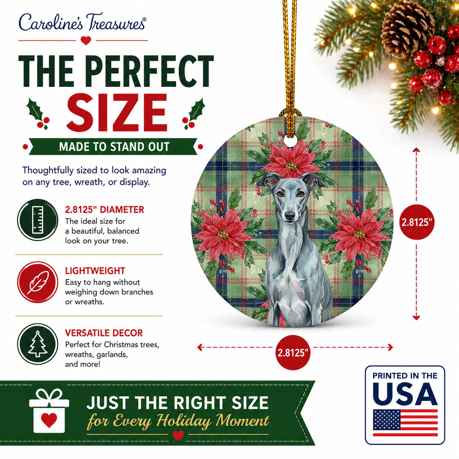 Blue Brindle Greyhound Christmas PoinsettIas Ceramic Ornament Christmas Tree Hanging Decorations for Home Christmas Holiday, Party, Gift, 3 in, Multicolor