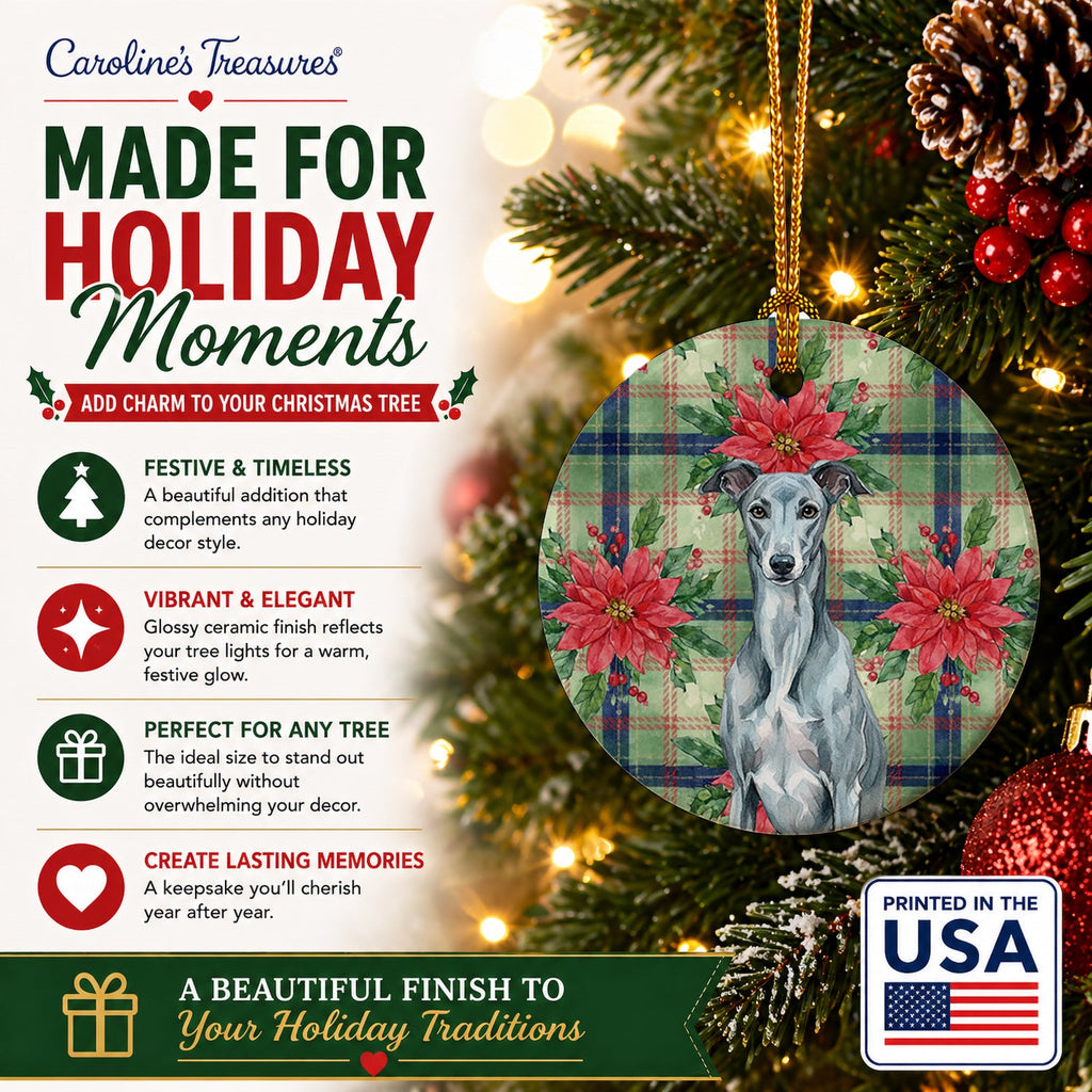 Blue Brindle Greyhound Christmas PoinsettIas Ceramic Ornament Christmas Tree Hanging Decorations for Home Christmas Holiday, Party, Gift, 3 in, Multicolor