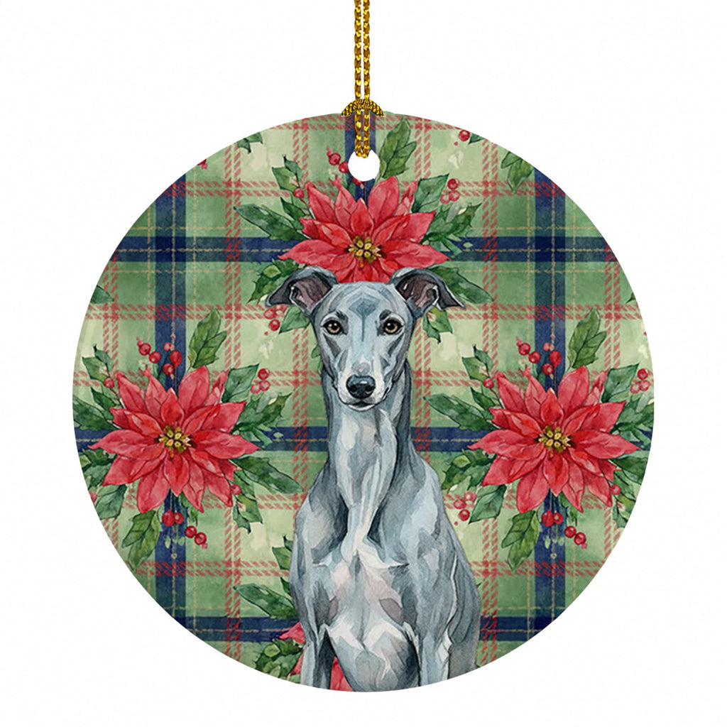 Blue Brindle Greyhound Christmas PoinsettIas Ceramic Ornament Christmas Tree Hanging Decorations for Home Christmas Holiday, Party, Gift, 3 in, Multicolor
