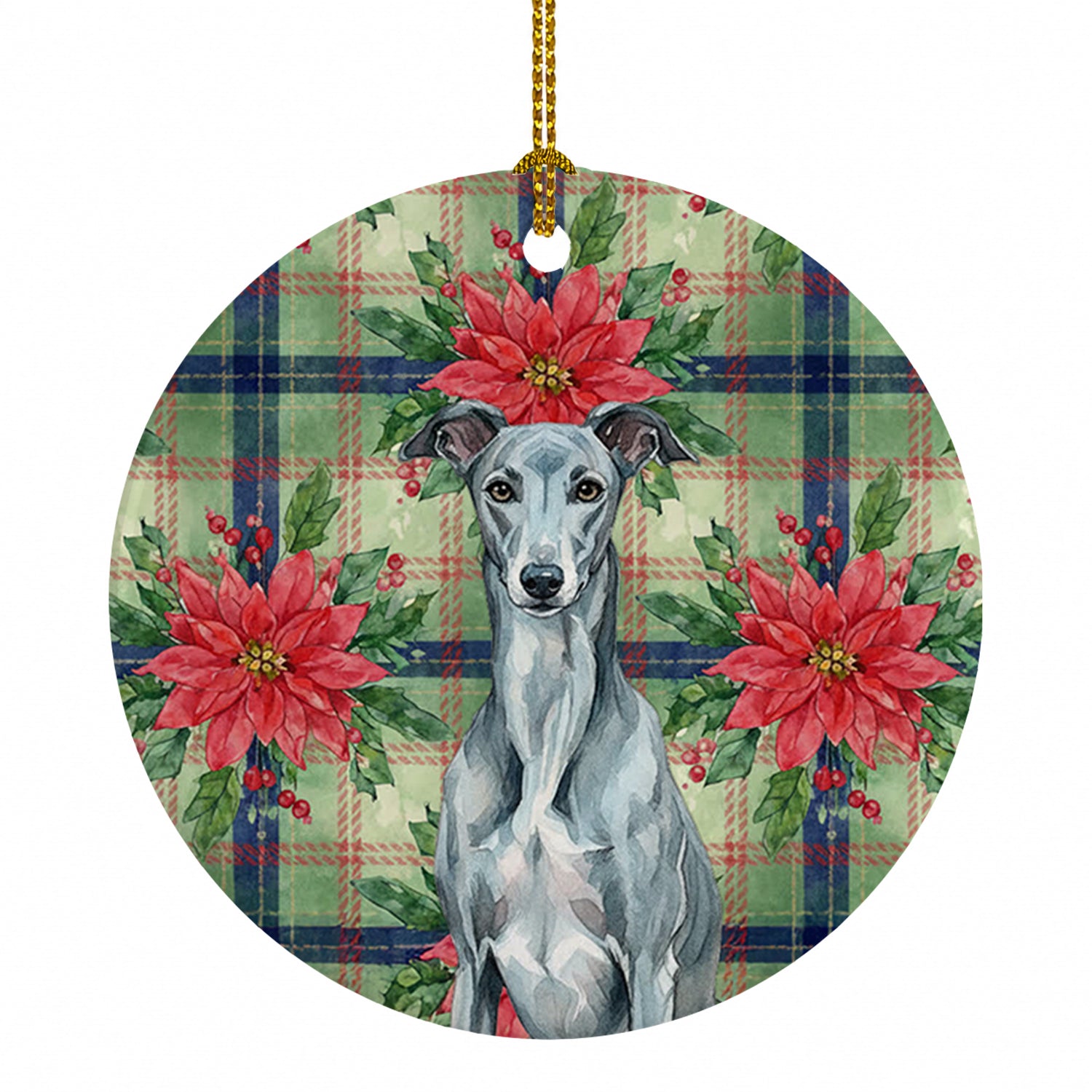 Blue Brindle Greyhound Christmas PoinsettIas Ceramic Ornament Christmas Tree Hanging Decorations for Home Christmas Holiday, Party, Gift, 3 in, Multicolor