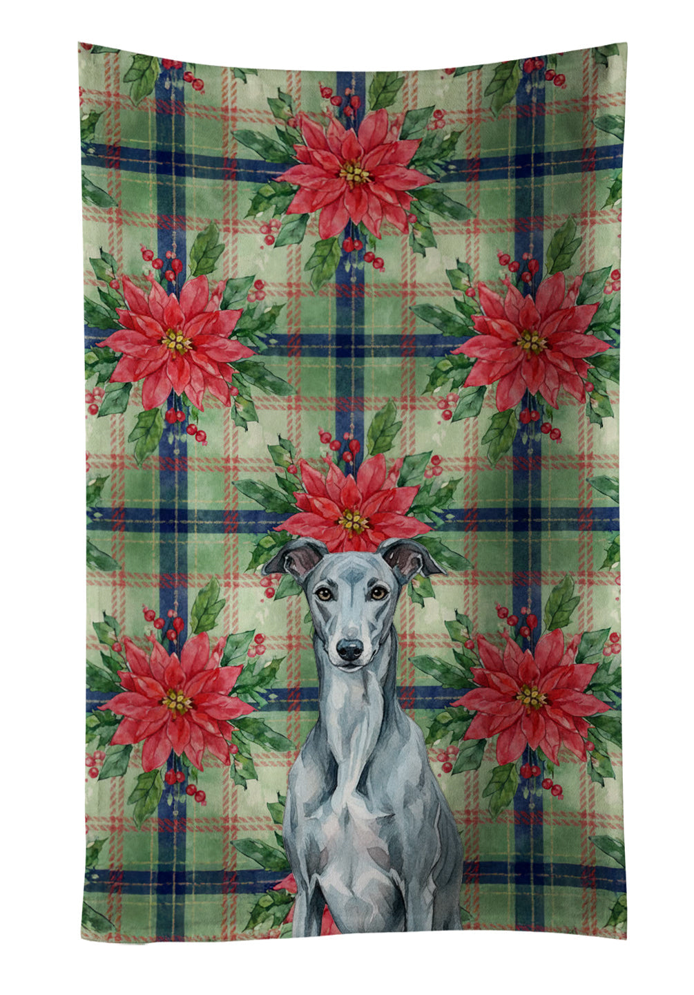Blue Brindle Greyhound Christmas PoinsettIas Kitchen Towel Velour Plush Front and Cotton Loop Back Machine Washable