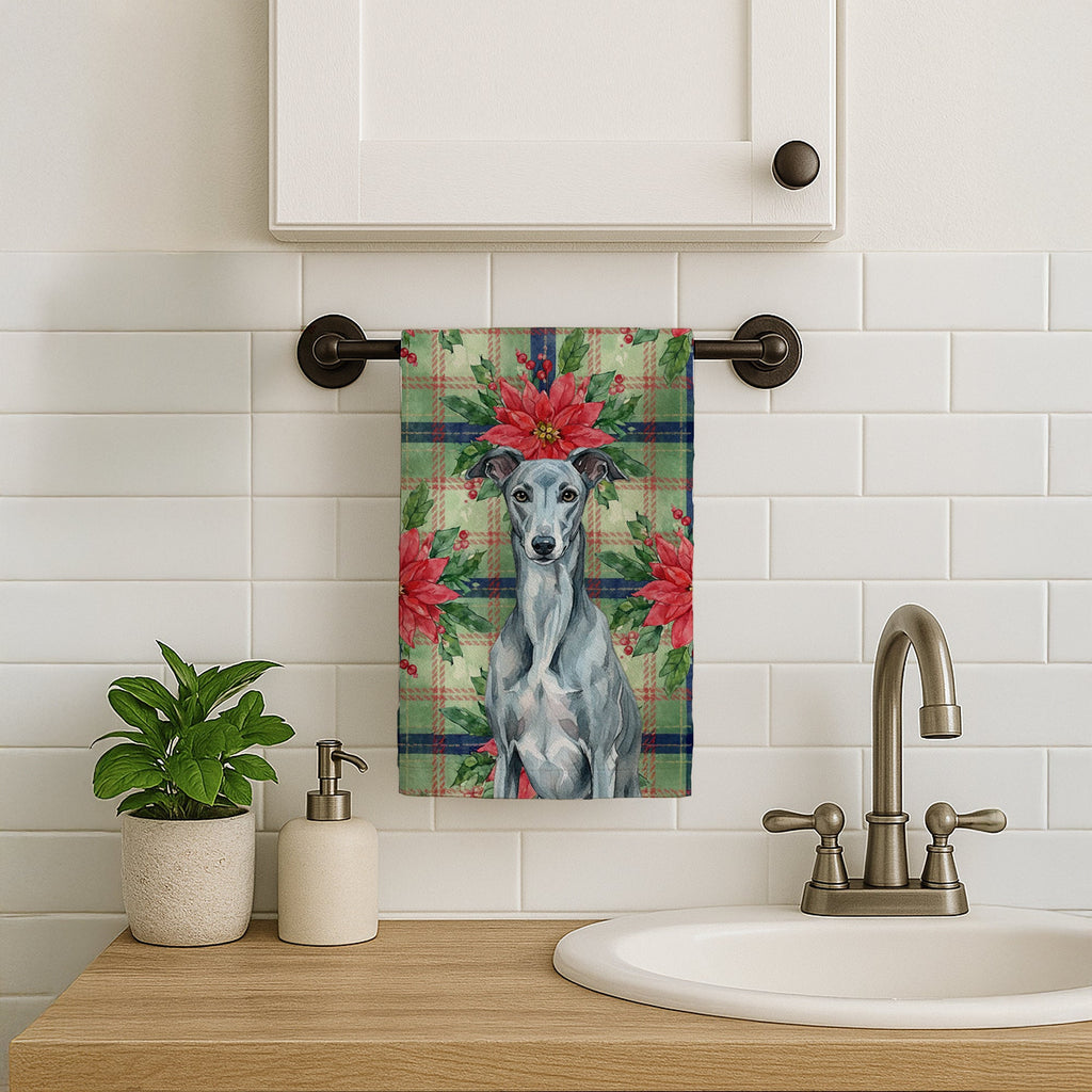 Blue Brindle Greyhound Christmas PoinsettIas Kitchen Towel Velour Plush Front and Cotton Loop Back Machine Washable