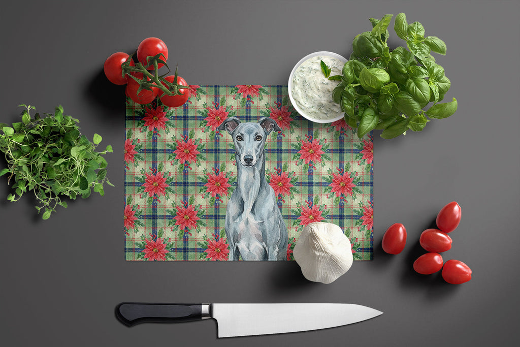 Blue Brindle Greyhound Christmas PoinsettIas Cutting Board Tempered Glass Kitchen Cutting Surface, Heat Resistant Chopping, Non-Slip Feet, Food Prep & Serving