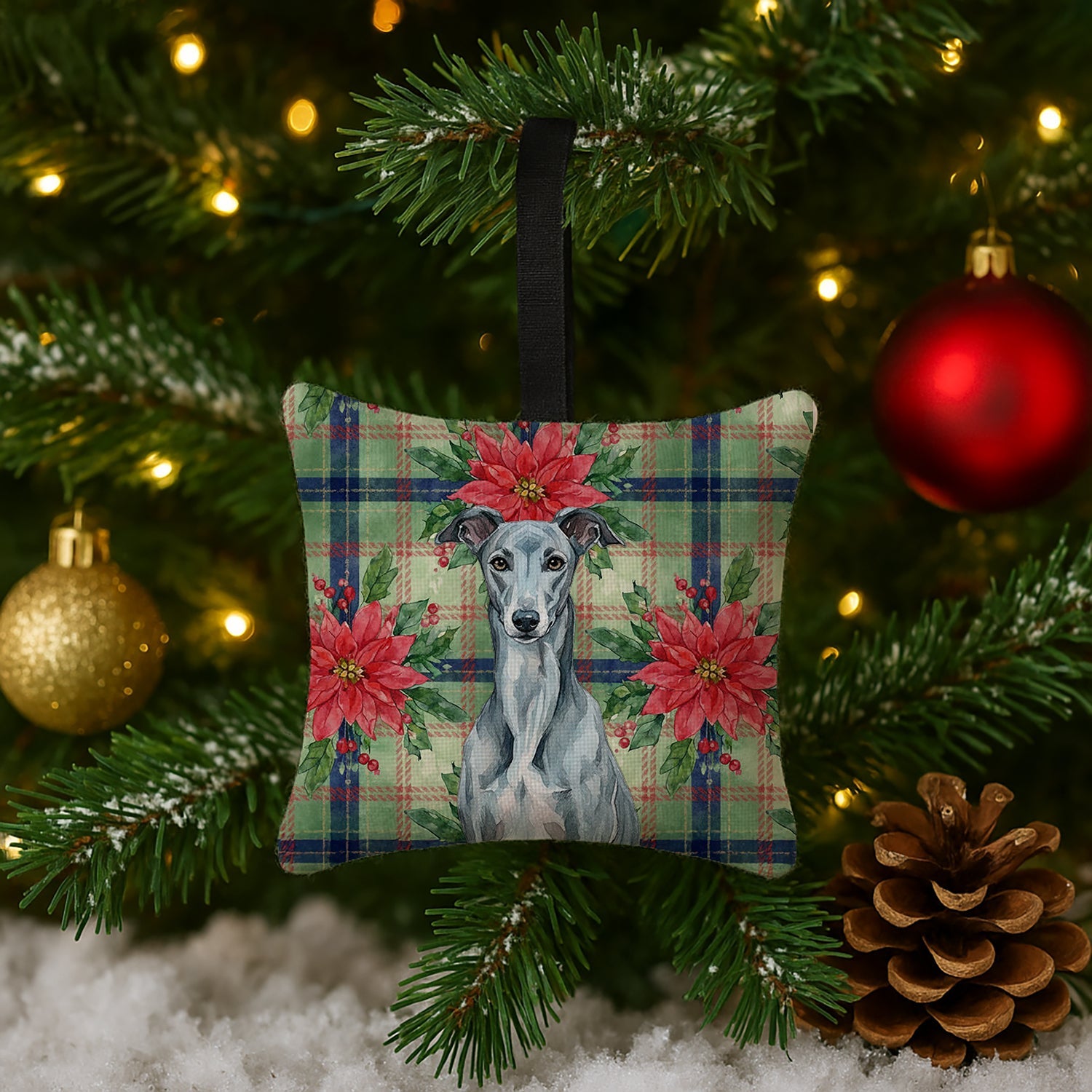 Blue Brindle Greyhound Christmas PoinsettIas Hanging Square Fabric Ornament 3.5 � 3.5 Decorative Door-Knob & Tree Hanger, Soft Fabric
