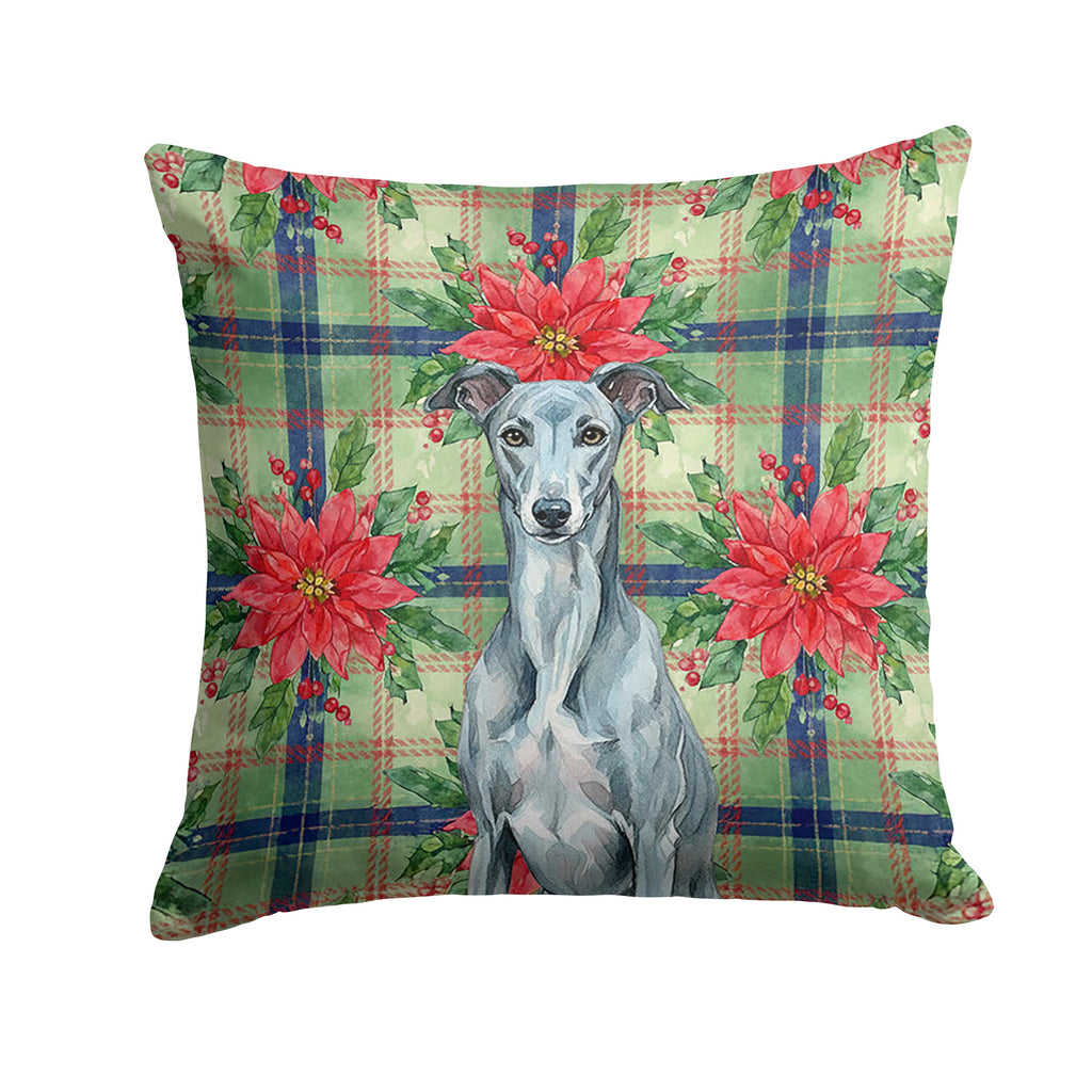 Blue Brindle Greyhound Christmas PoinsettIas Decorative Throw Pillow 18x18 Indoor Outdoor Accent Cushion, Fabric Cover with Insert for Sofa, Bed, Porch & Living Room