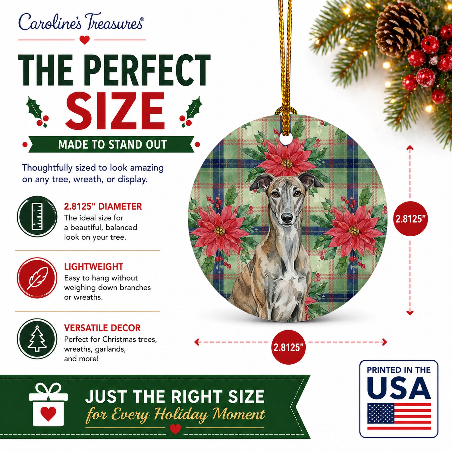 Brindle Greyhound Christmas PoinsettIas Ceramic Ornament Christmas Tree Hanging Decorations for Home Christmas Holiday, Party, Gift, 3 in, Multicolor