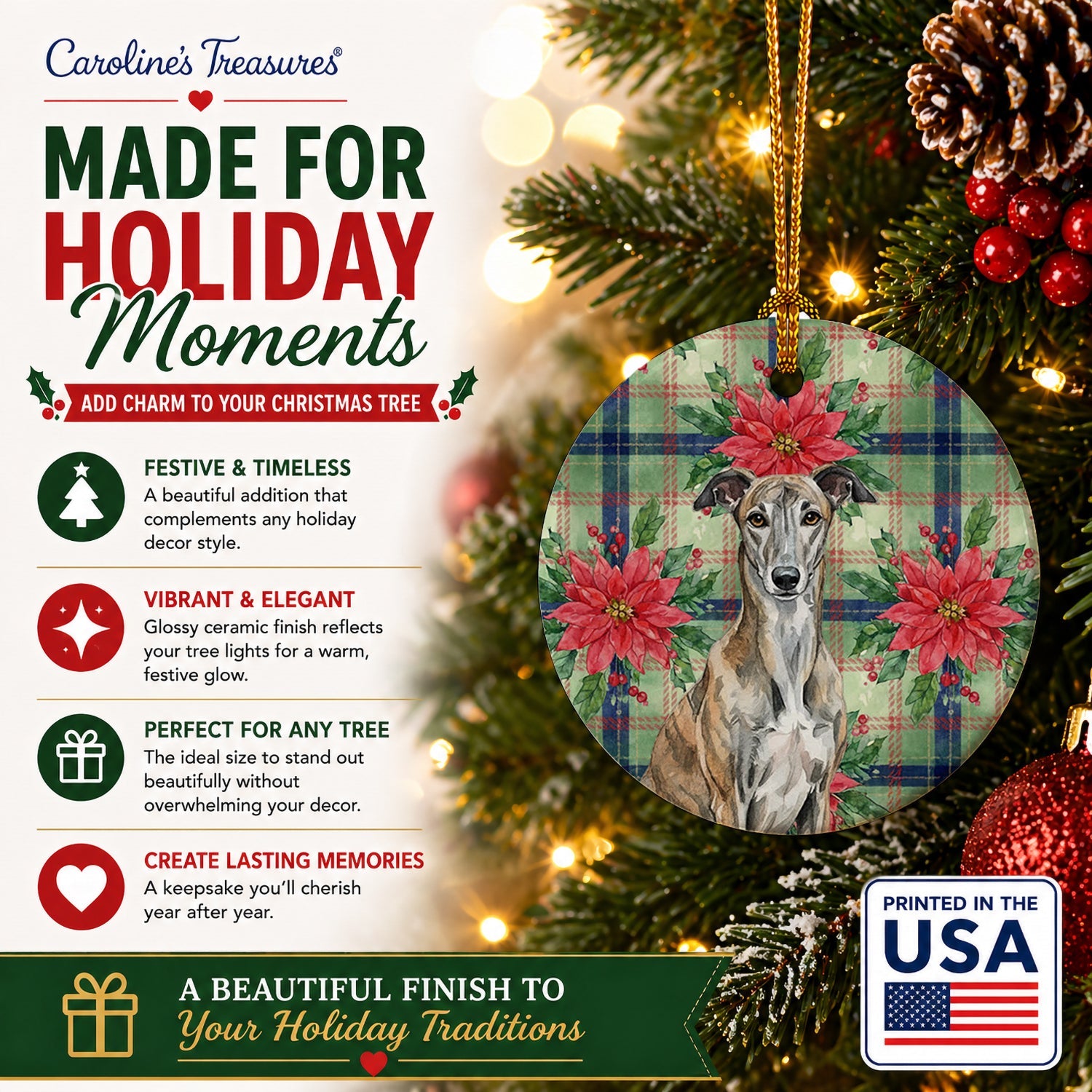 Brindle Greyhound Christmas PoinsettIas Ceramic Ornament Christmas Tree Hanging Decorations for Home Christmas Holiday, Party, Gift, 3 in, Multicolor