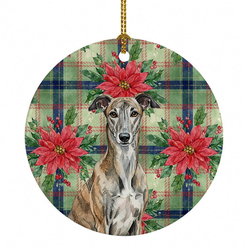 Brindle Greyhound Christmas PoinsettIas Ceramic Ornament Christmas Tree Hanging Decorations for Home Christmas Holiday, Party, Gift, 3 in, Multicolor