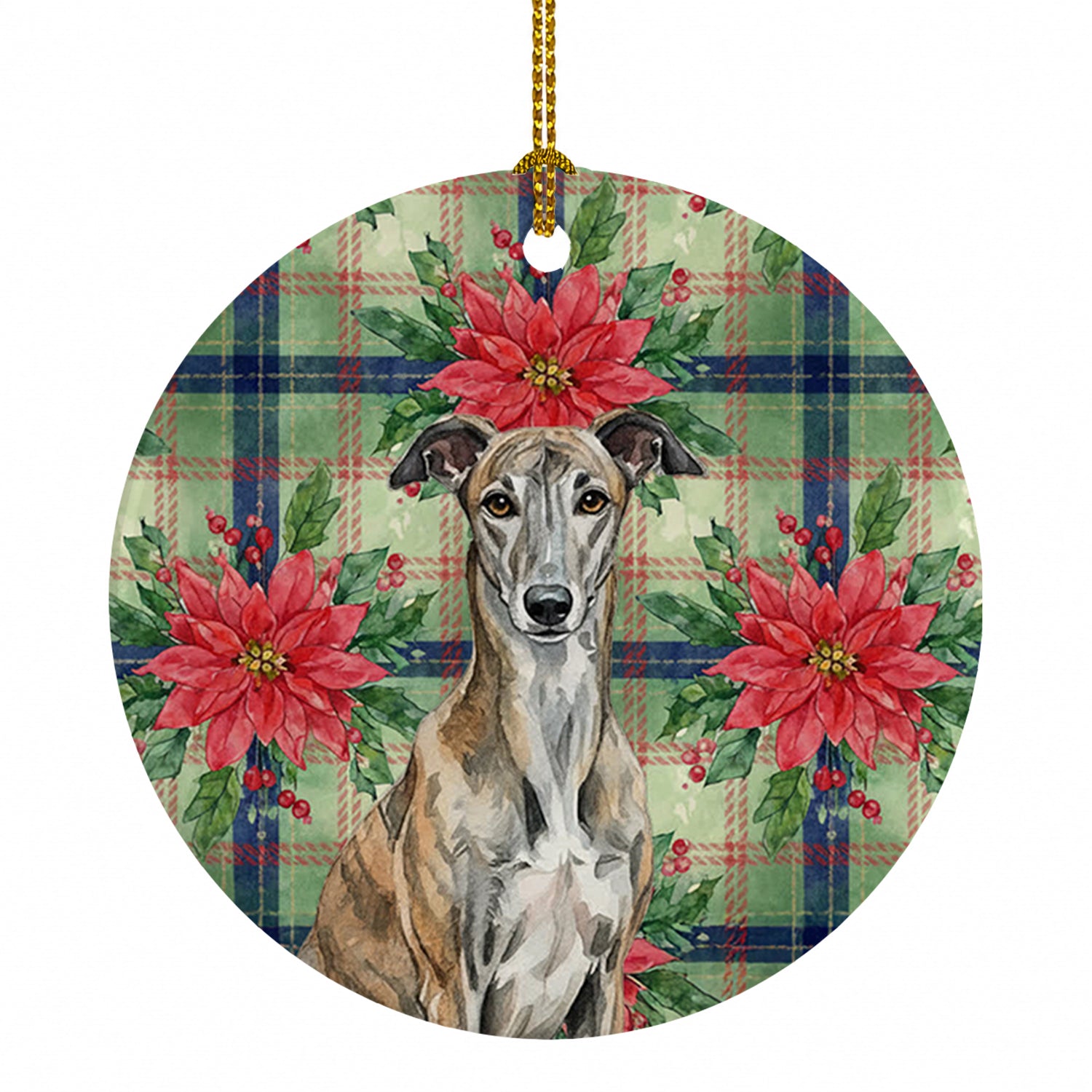 Brindle Greyhound Christmas PoinsettIas Ceramic Ornament Christmas Tree Hanging Decorations for Home Christmas Holiday, Party, Gift, 3 in, Multicolor