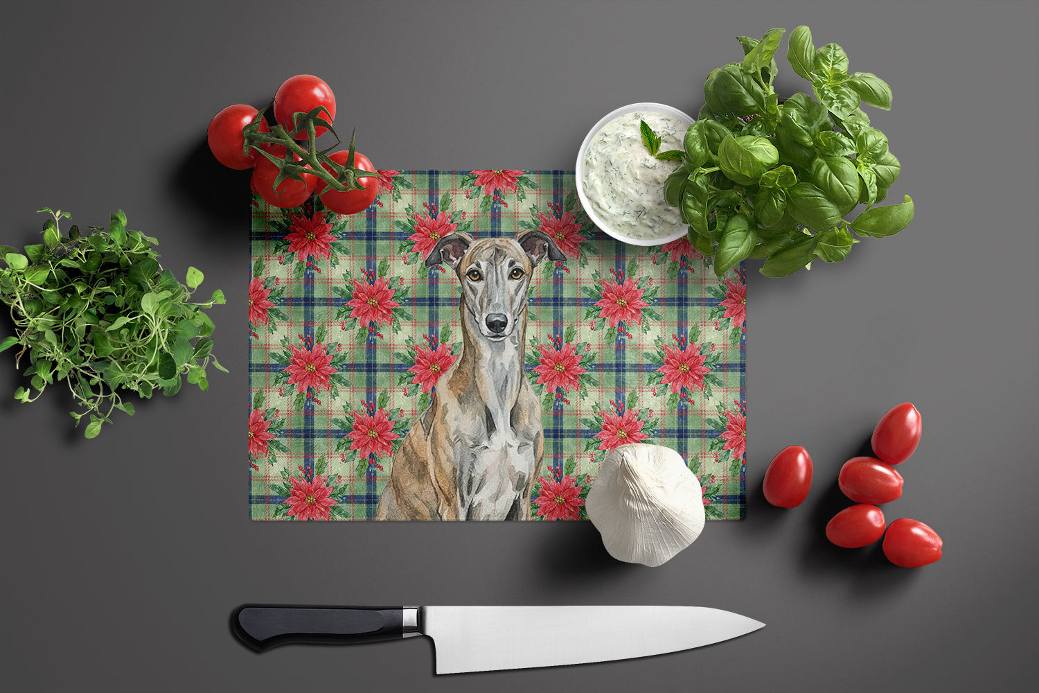 Brindle Greyhound Christmas PoinsettIas Cutting Board Tempered Glass Kitchen Cutting Surface, Heat Resistant Chopping, Non-Slip Feet, Food Prep & Serving