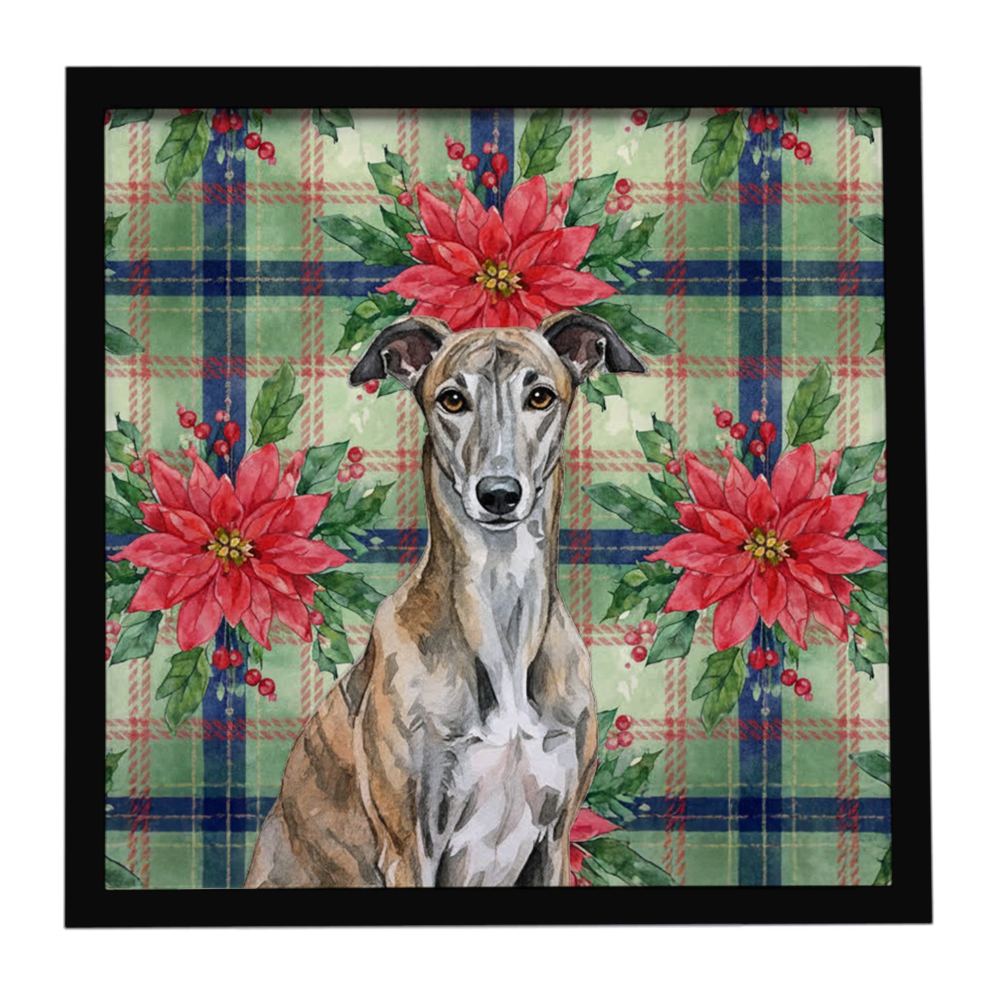 Brindle Greyhound Christmas PoinsettIas Framed Metal Print Bathroom, Kitchen, Office, Home Decor Wall Art Ready to Hang, Square, 8X8