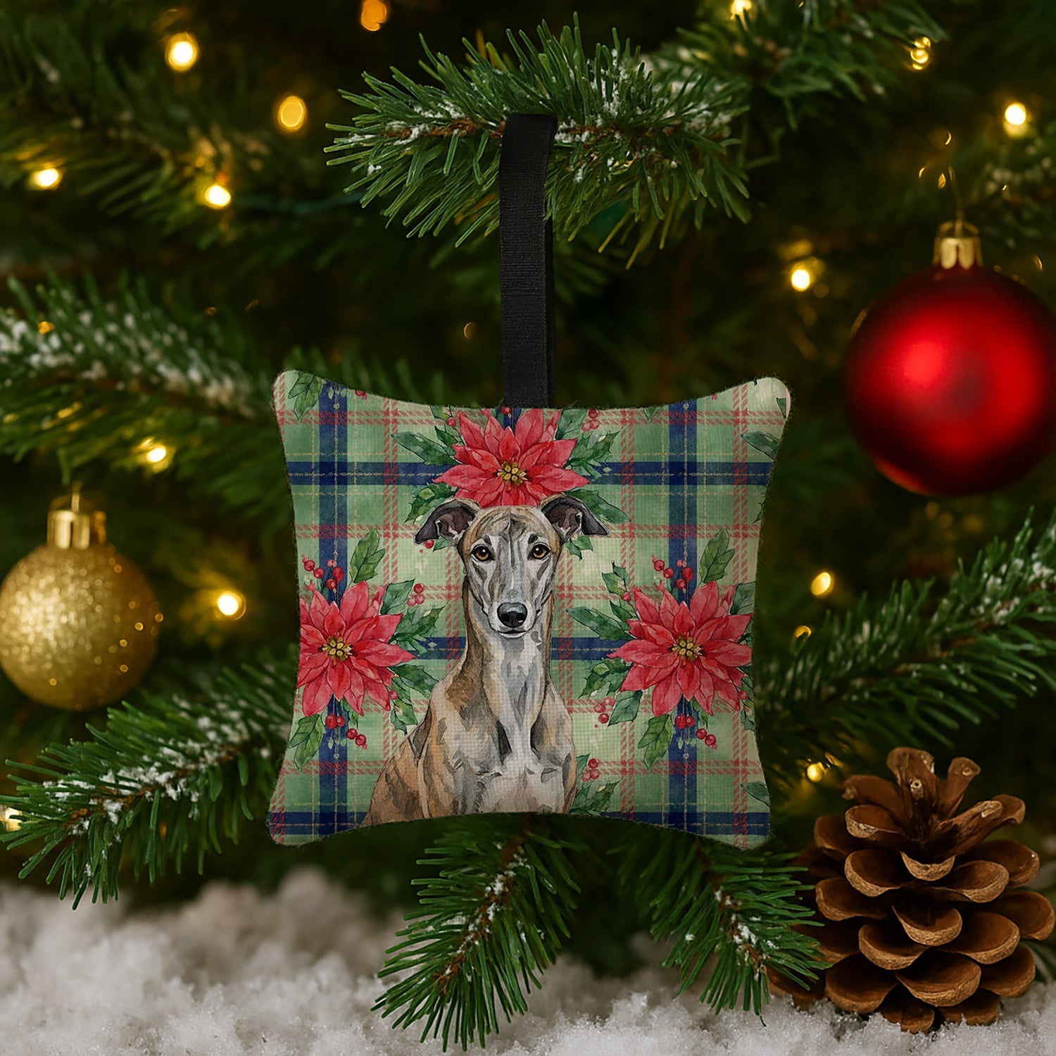 Brindle Greyhound Christmas PoinsettIas Hanging Square Fabric Ornament 3.5 � 3.5 Decorative Door-Knob & Tree Hanger, Soft Fabric