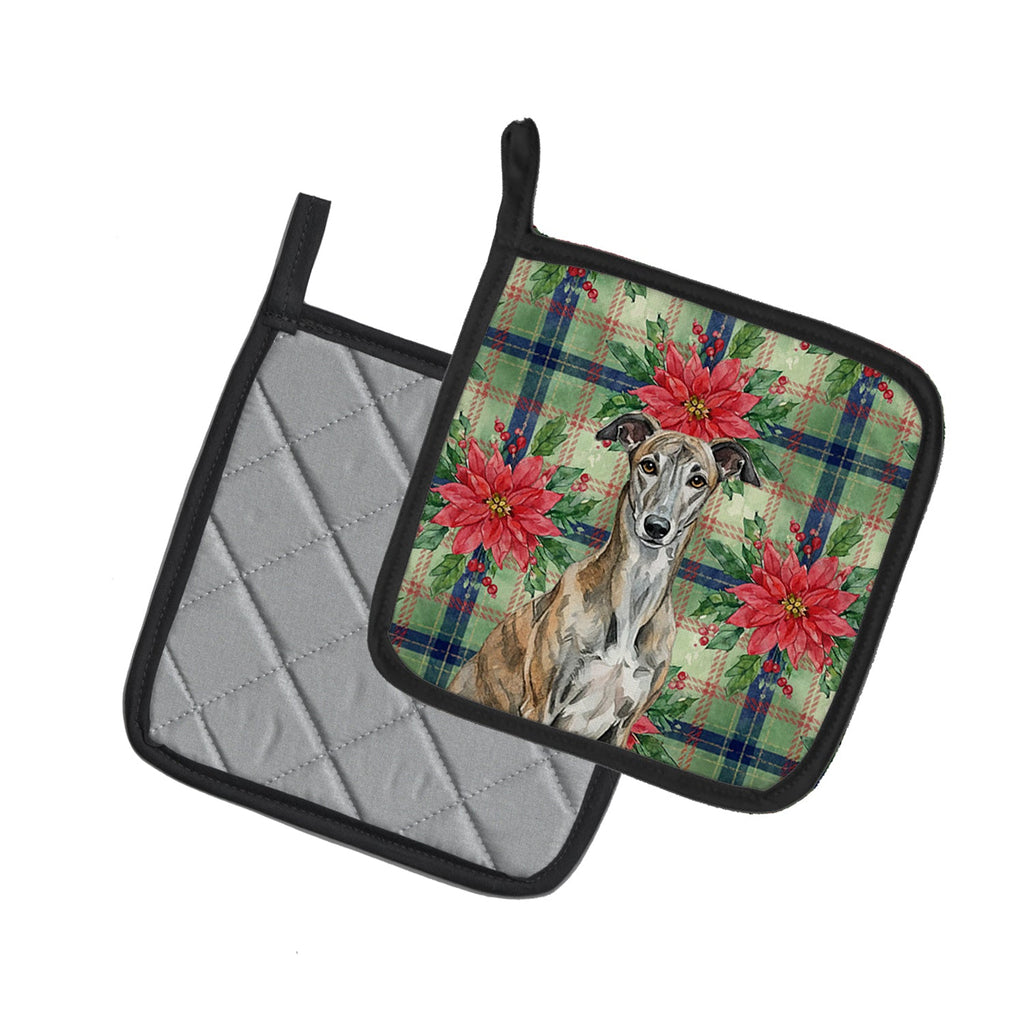 Brindle Greyhound Christmas PoinsettIas Pot Holder Set of 2 Heat Resistant Quilted Hot Pads 7.5 x 7.5 Inch, Insulated Kitchen Trivets for Cooking & Baking