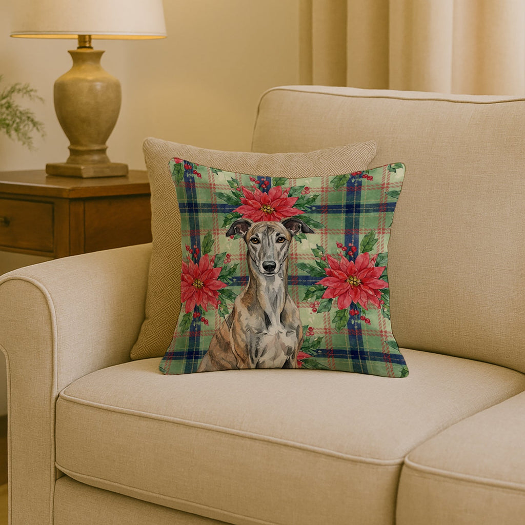 Brindle Greyhound Christmas PoinsettIas Decorative Throw Pillow 18x18 Indoor Outdoor Accent Cushion, Fabric Cover with Insert for Sofa, Bed, Porch & Living Room