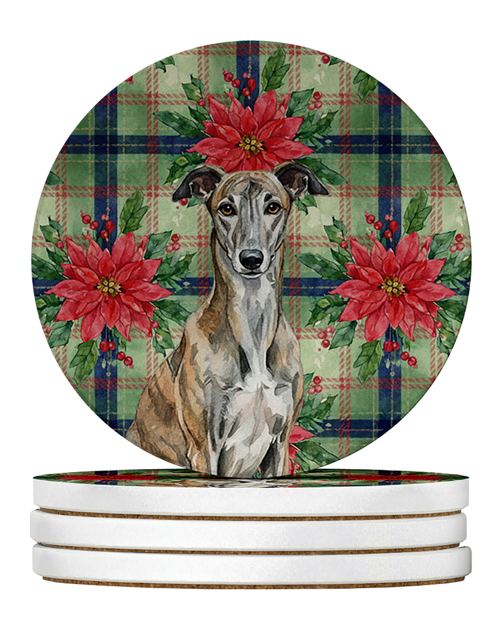 Brindle Greyhound Christmas PoinsettIas Large Sandstone Coasters Pack of 4 Absorbent Round Coasters Decor Gifts for Men or Women, 4 in, Multicolor