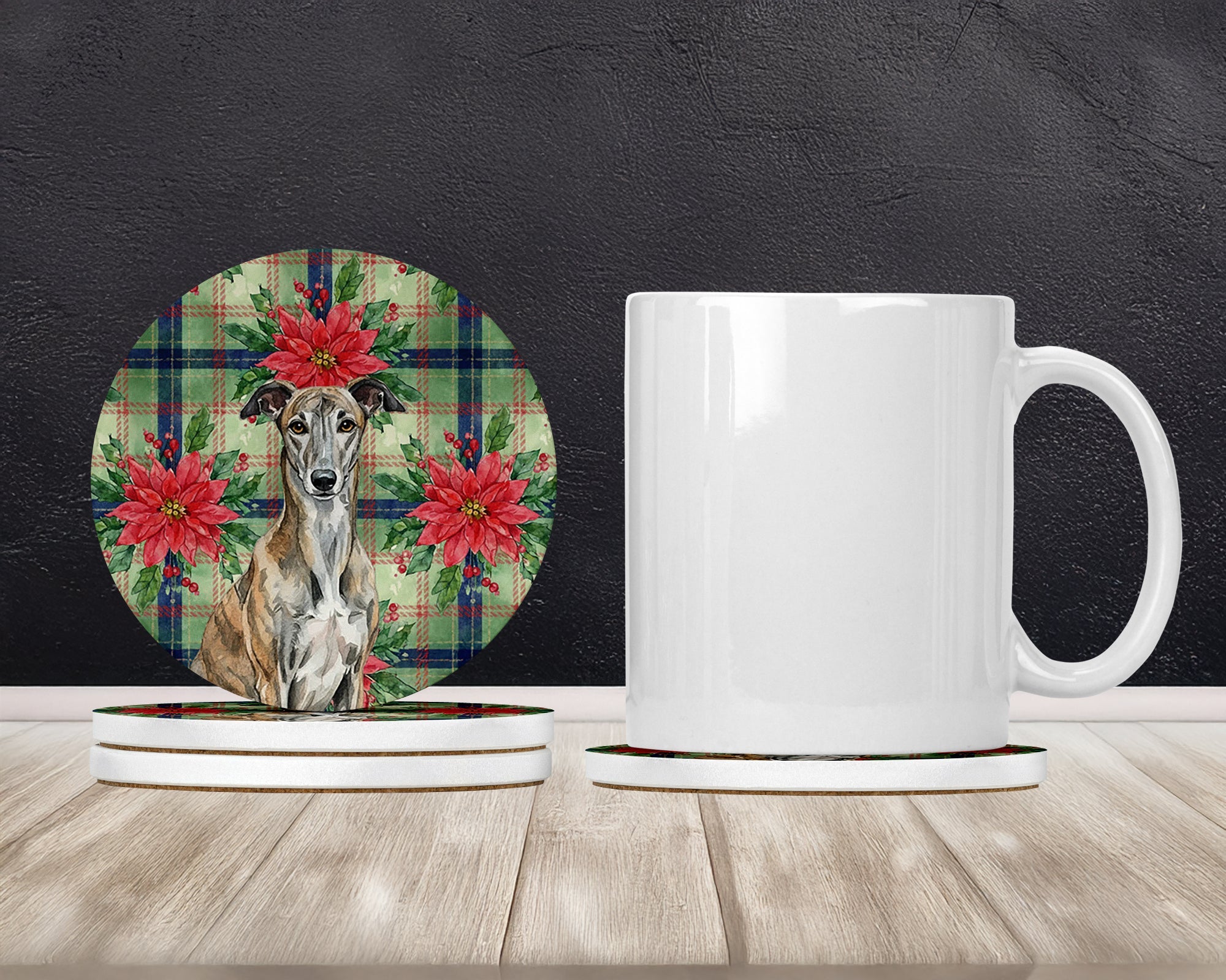 Brindle Greyhound Christmas PoinsettIas Large Sandstone Coasters Pack of 4 Absorbent Round Coasters Decor Gifts for Men or Women, 4 in, Multicolor