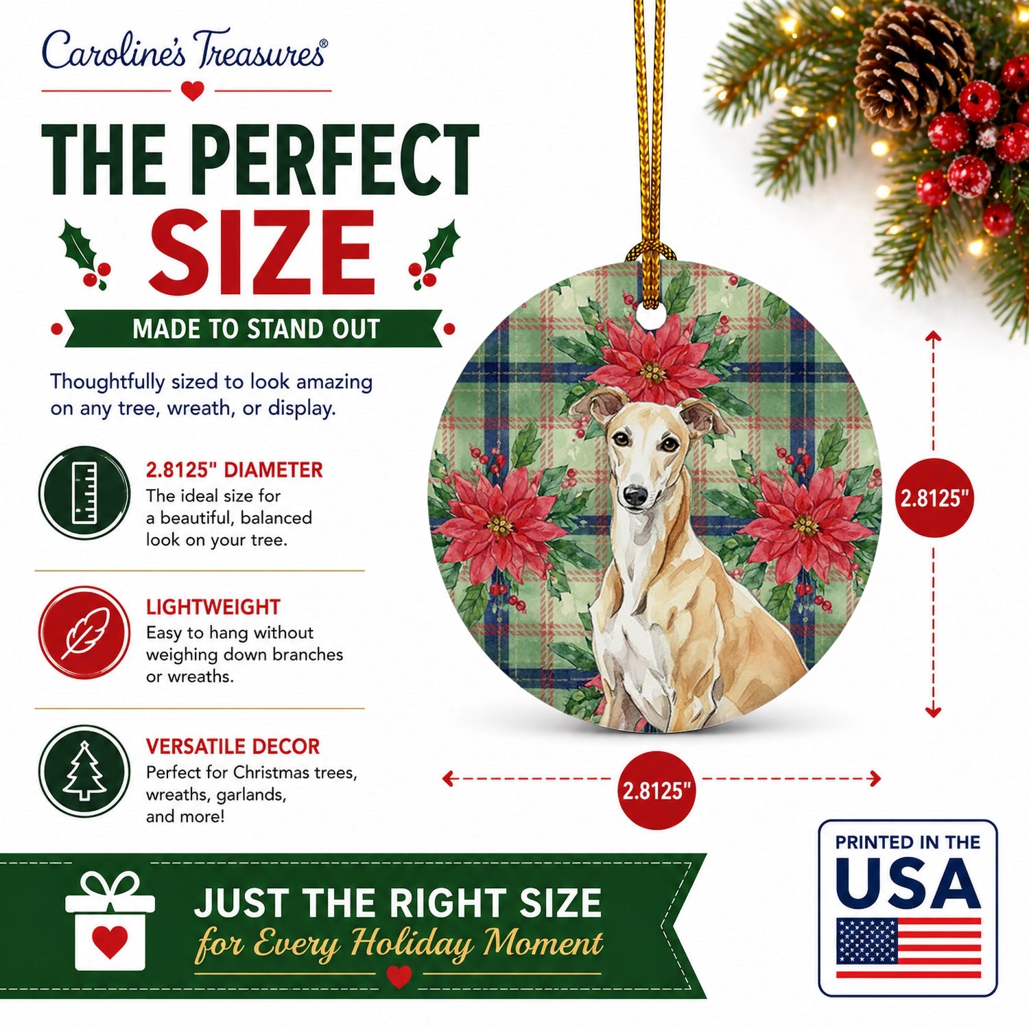 Fawn Greyhound Christmas PoinsettIas Ceramic Ornament Christmas Tree Hanging Decorations for Home Christmas Holiday, Party, Gift, 3 in, Multicolor