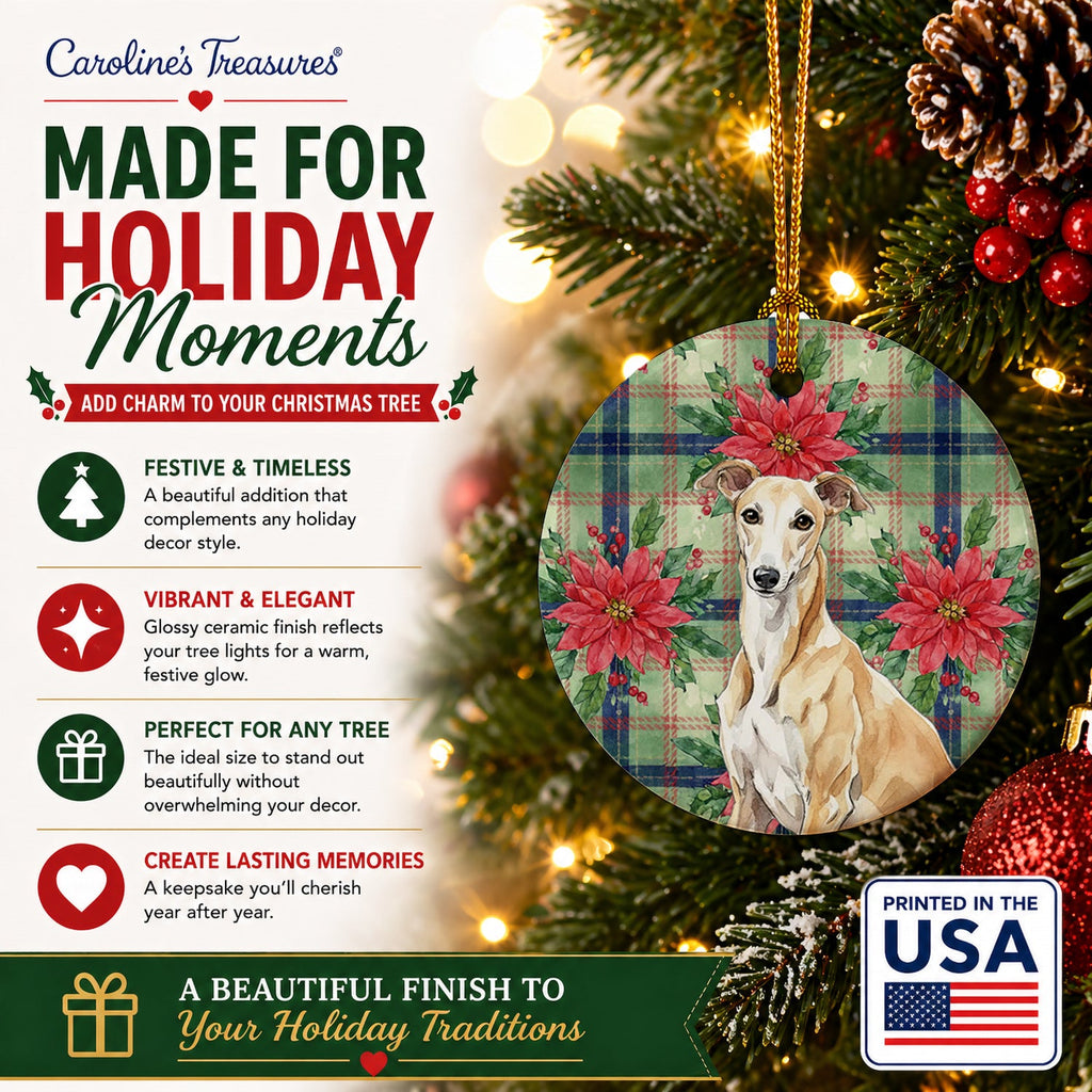 Fawn Greyhound Christmas PoinsettIas Ceramic Ornament Christmas Tree Hanging Decorations for Home Christmas Holiday, Party, Gift, 3 in, Multicolor