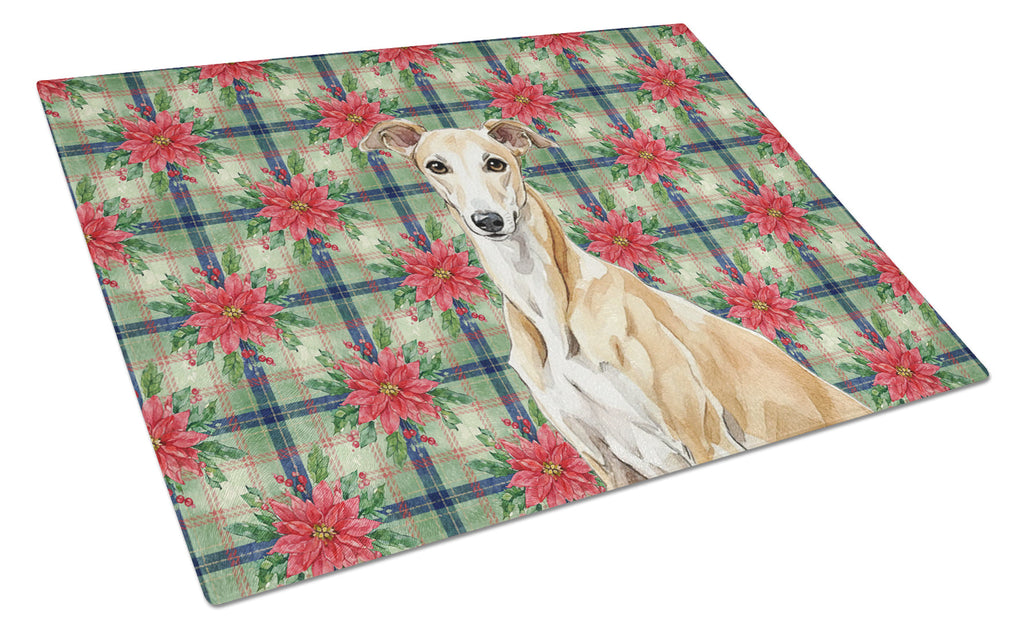 Fawn Greyhound Christmas PoinsettIas Cutting Board Tempered Glass Kitchen Cutting Surface, Heat Resistant Chopping, Non-Slip Feet, Food Prep & Serving
