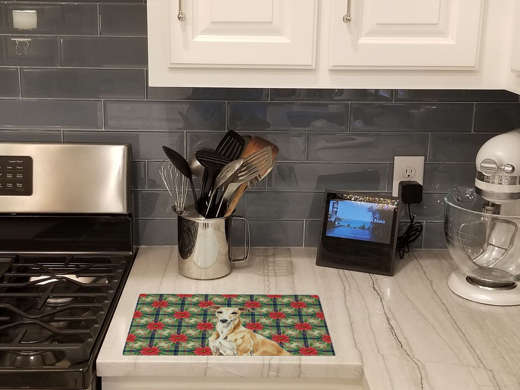 Fawn Greyhound Christmas PoinsettIas Cutting Board Tempered Glass Kitchen Cutting Surface, Heat Resistant Chopping, Non-Slip Feet, Food Prep & Serving