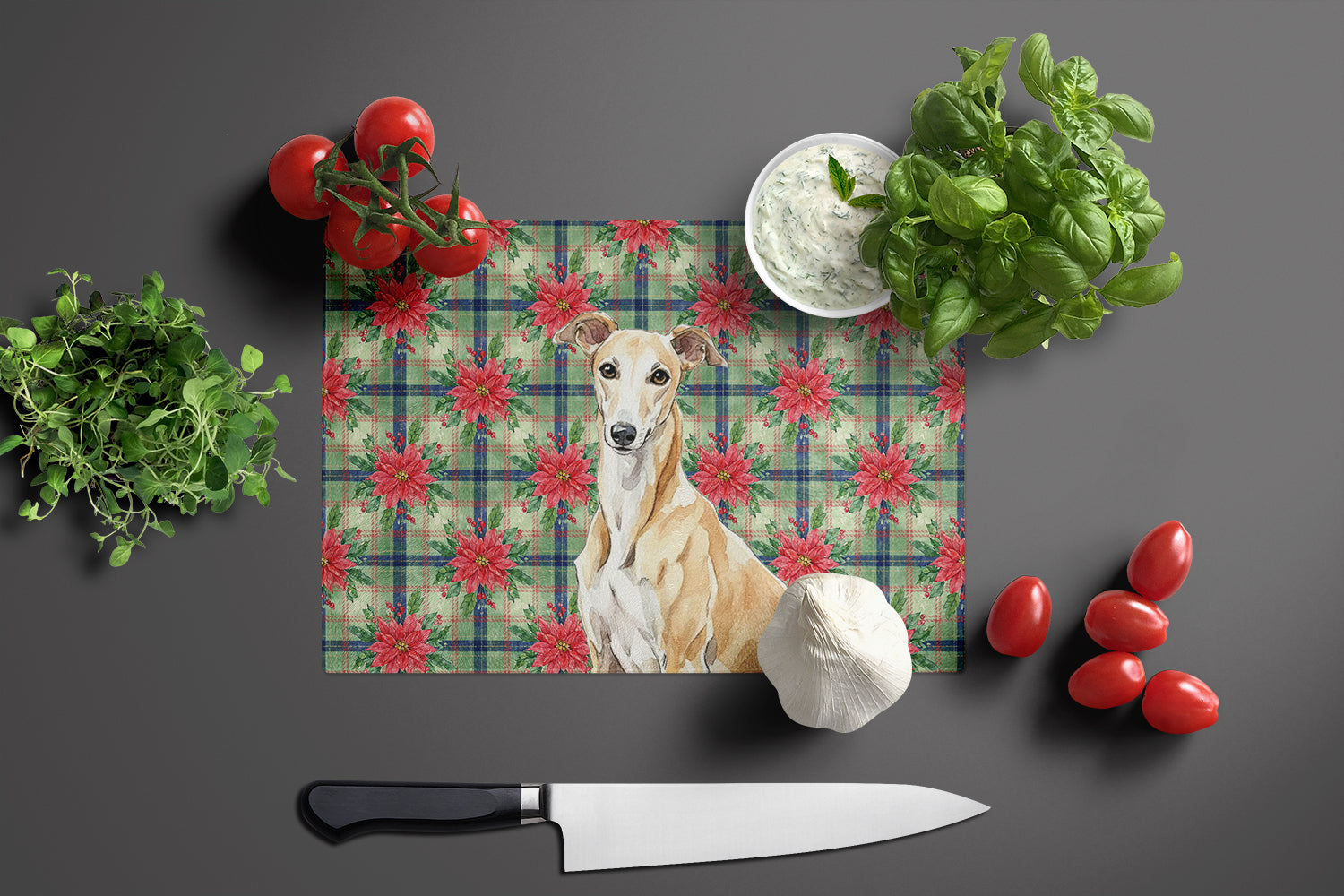 Fawn Greyhound Christmas PoinsettIas Cutting Board Tempered Glass Kitchen Cutting Surface, Heat Resistant Chopping, Non-Slip Feet, Food Prep & Serving