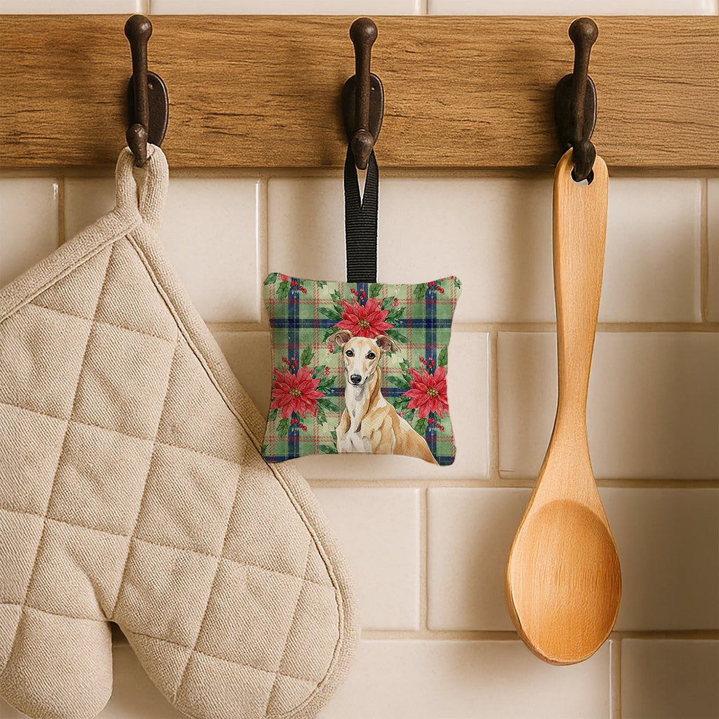 Fawn Greyhound Christmas PoinsettIas Hanging Square Fabric Ornament 3.5 � 3.5 Decorative Door-Knob & Tree Hanger, Soft Fabric
