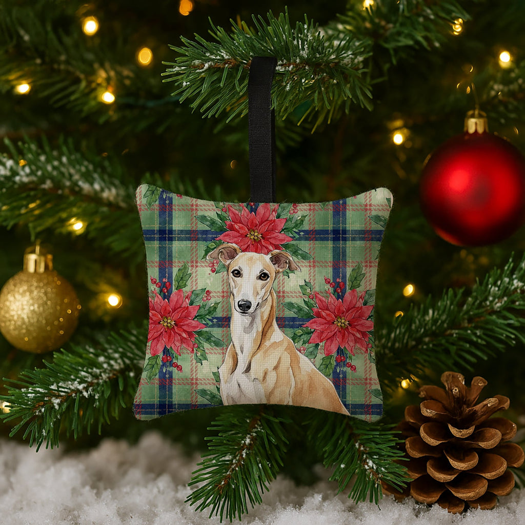 Fawn Greyhound Christmas PoinsettIas Hanging Square Fabric Ornament 3.5 � 3.5 Decorative Door-Knob & Tree Hanger, Soft Fabric